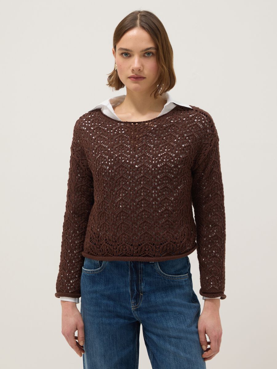 Brown pure cotton sweater with perforated pattern, regular fit_0