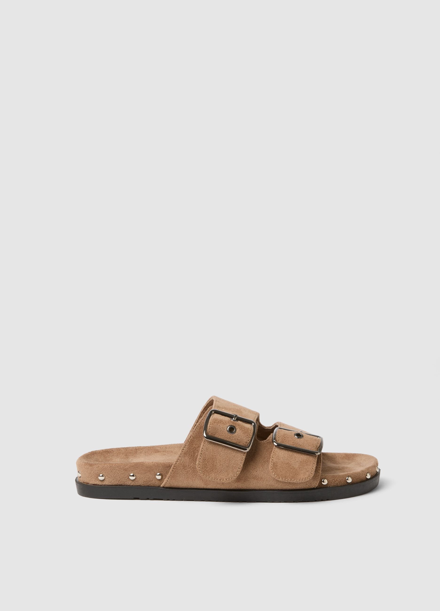 Beige genuine leather sandals with buckles and metallic details