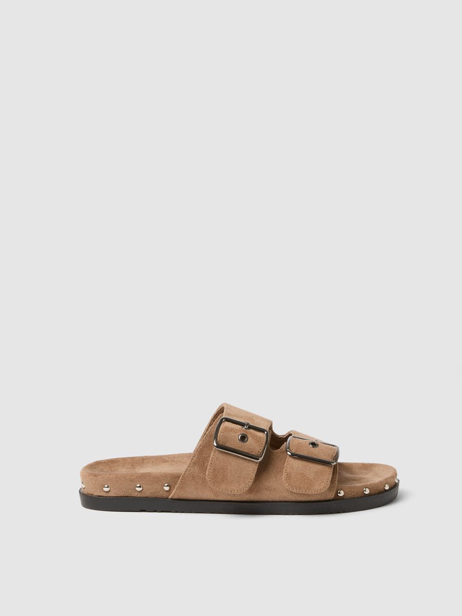 Beige genuine leather sandals with buckles and metallic details_0