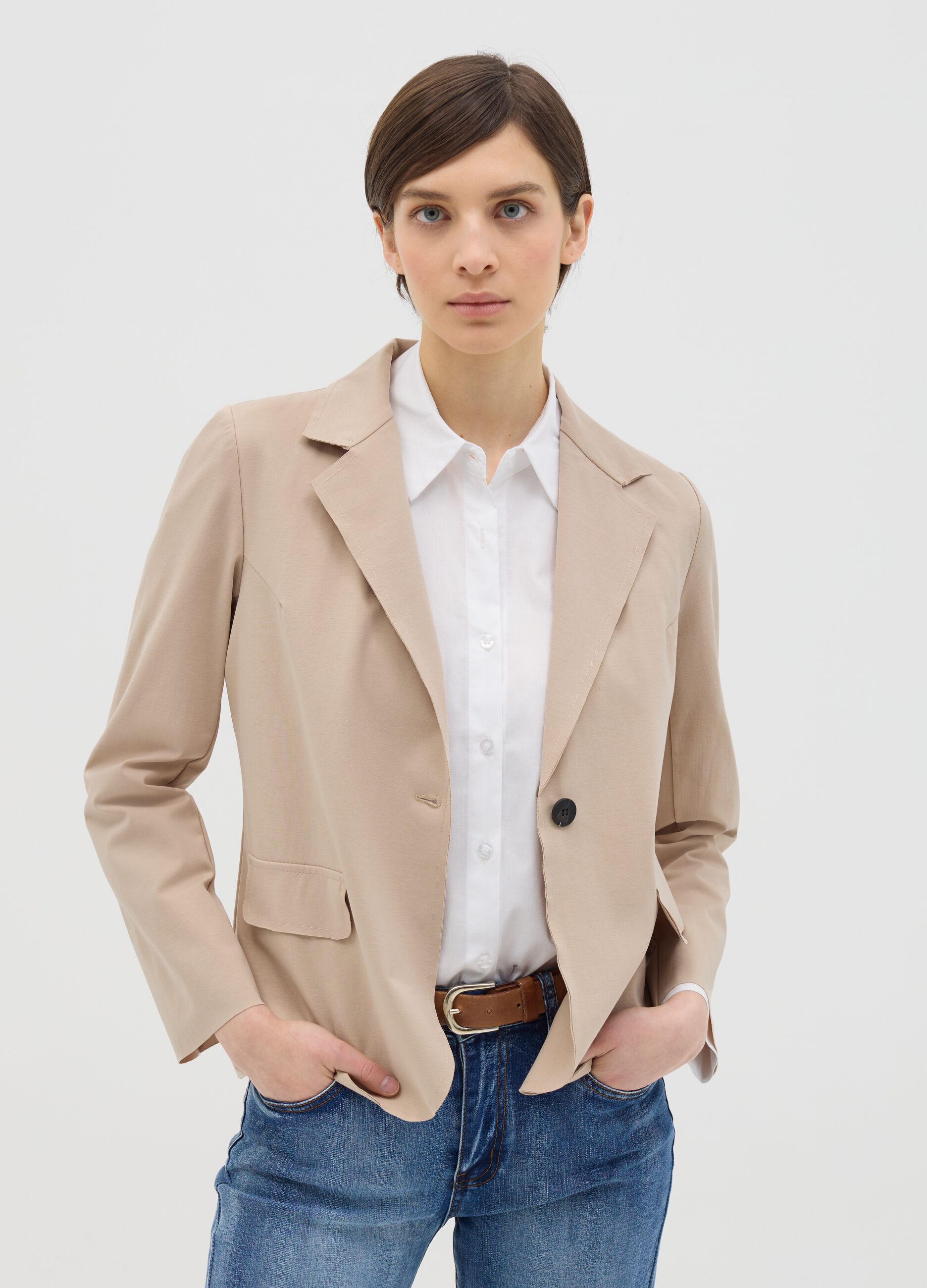 Beige stretch single-breasted blazer