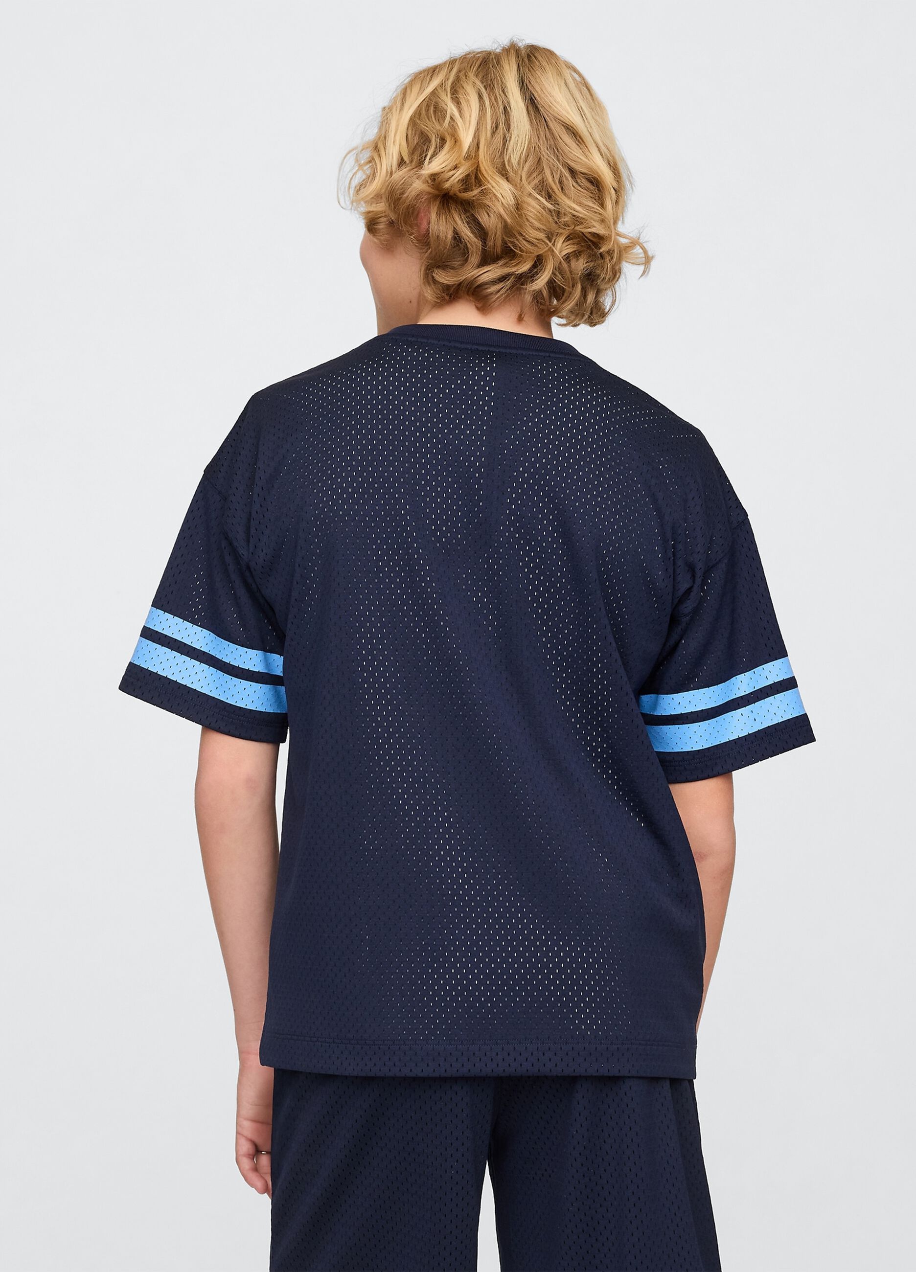 Blue sports jersey with logo and light blue accents