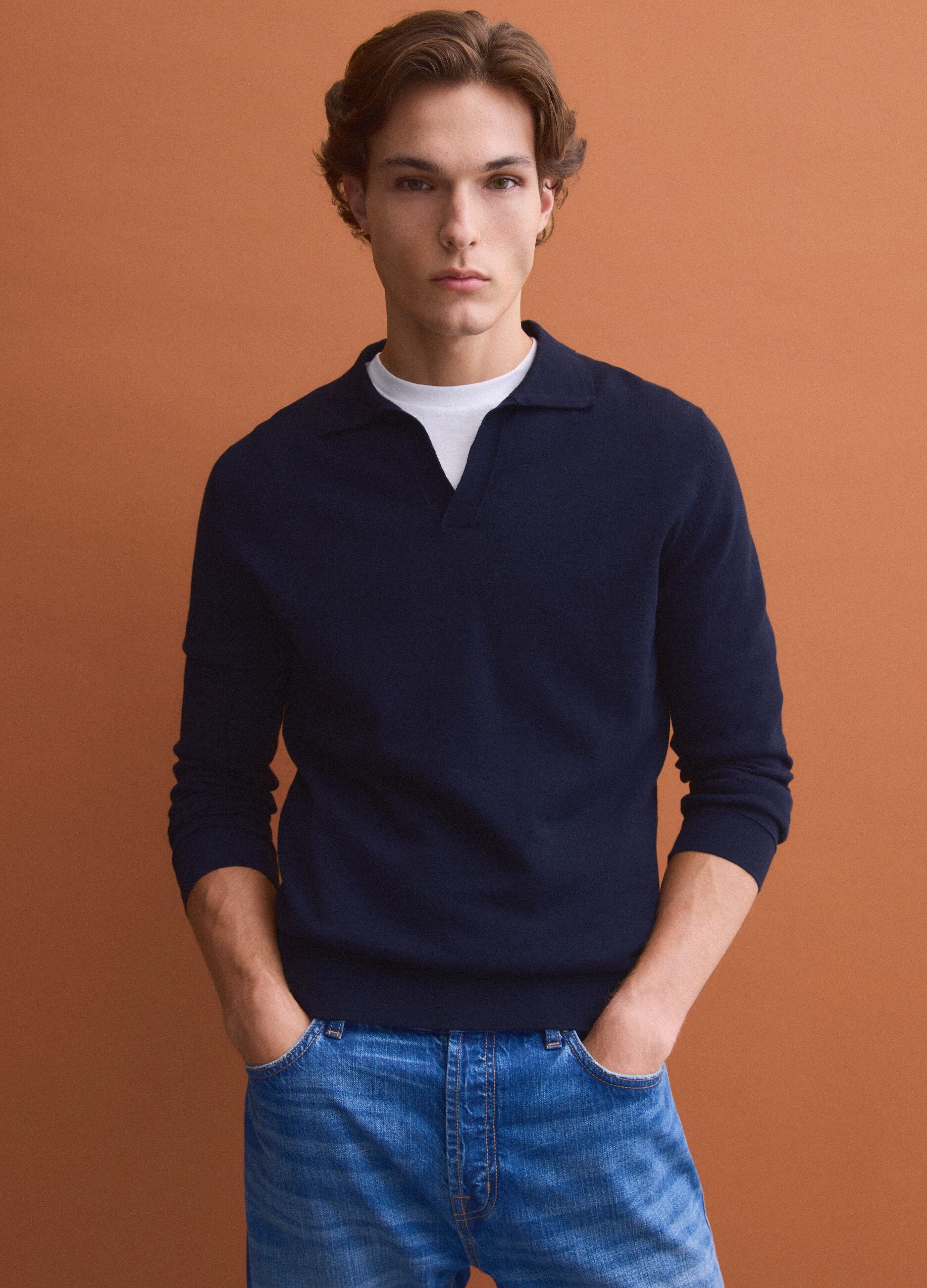 Blue long-sleeve pure cotton polo shirt