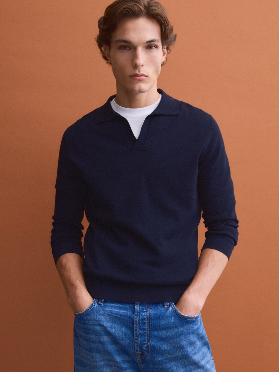 Polo blu in puro cotone a maniche lunghe_2