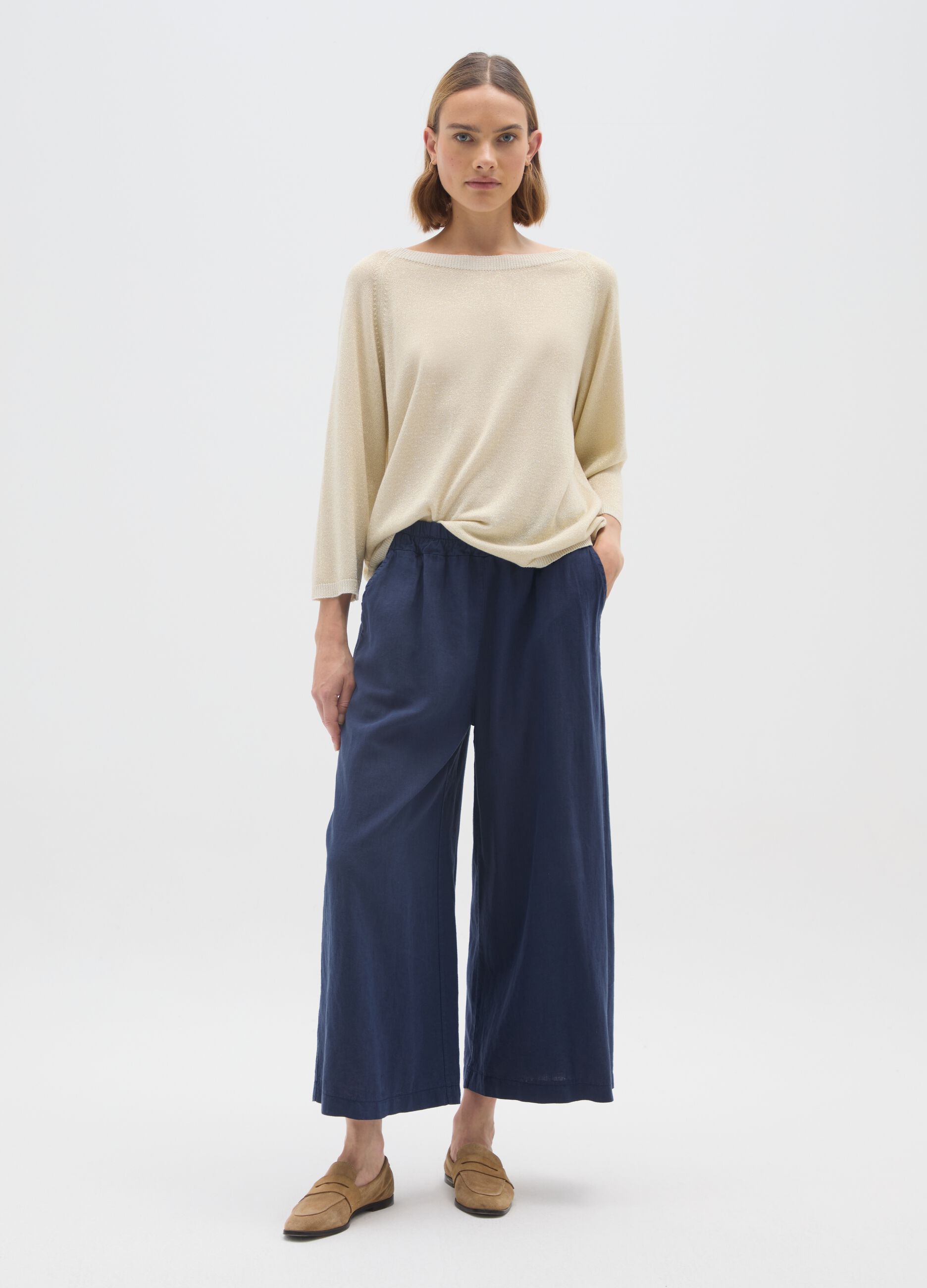 Blue Linen Blend Wide Leg Trousers