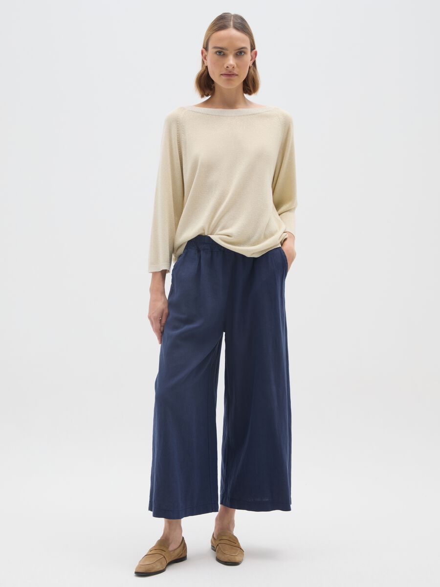 Blue Linen Blend Wide Leg Trousers_0