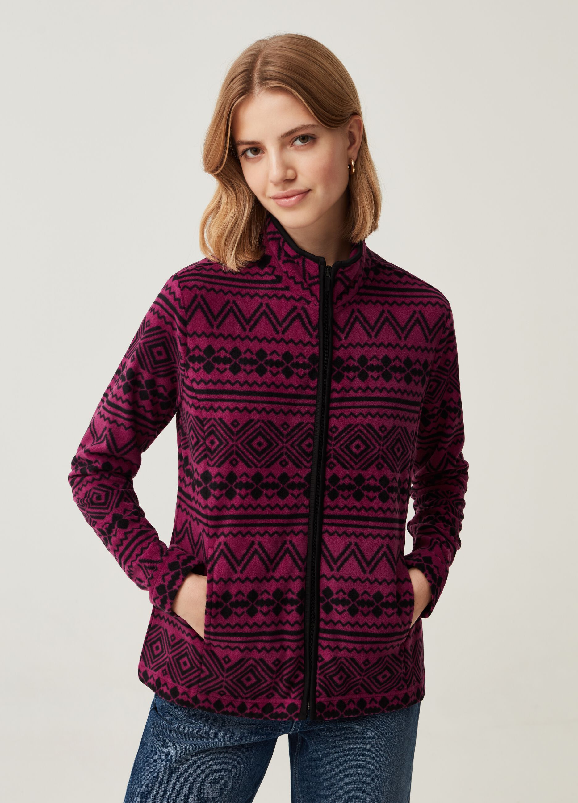 Full zip in pile con stampa all over nero viola da Donna OVS