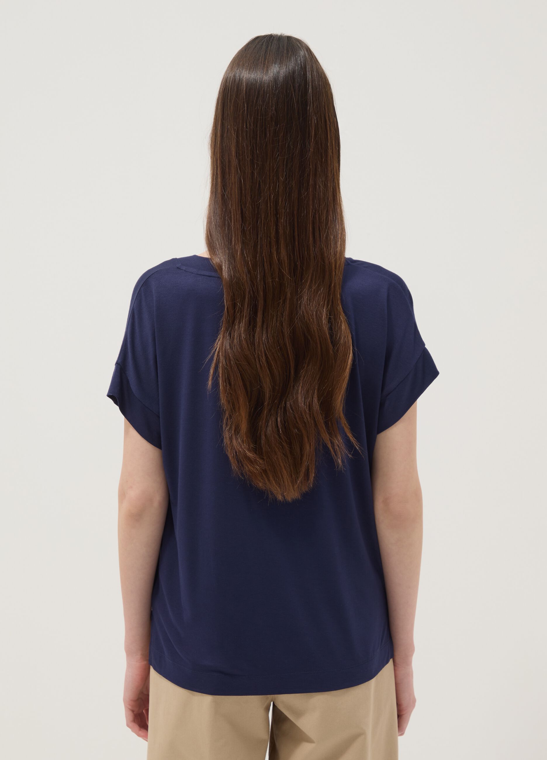 Blue stretch viscose V-neck T-shirt