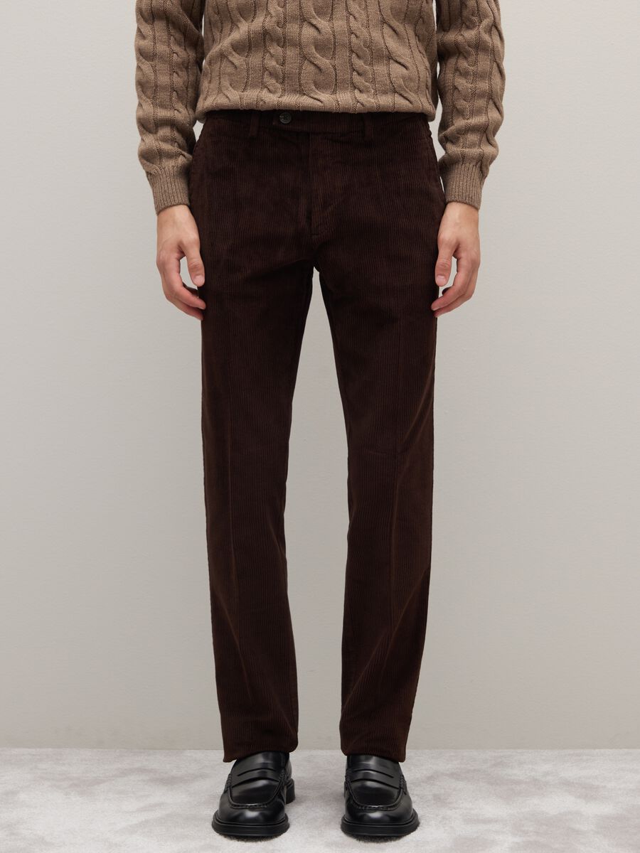 Regular Fit Brown Stretch Cotton Trousers_1