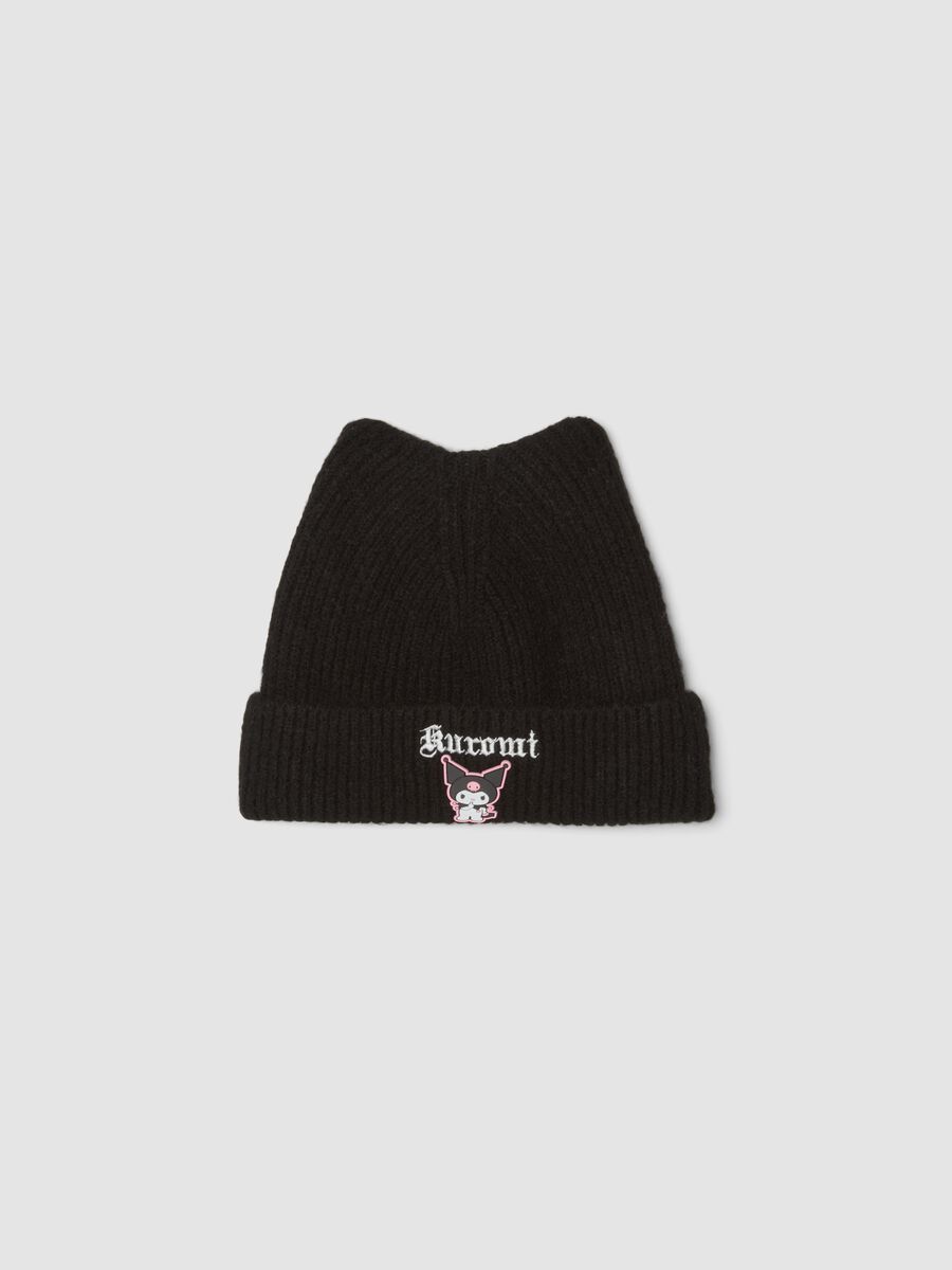 Black ribbed stretch wool-blend hat with Kuromi embroidery_0