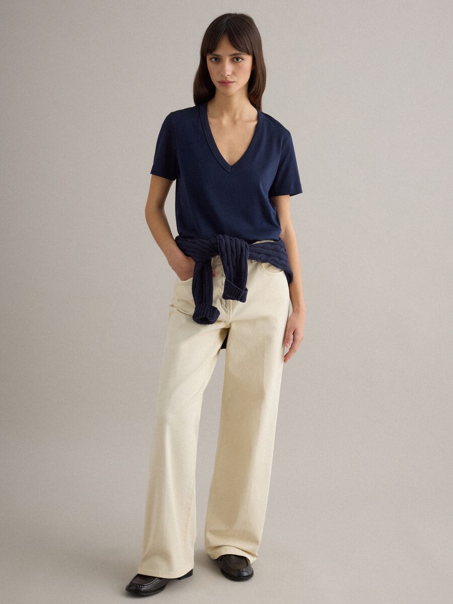 Deep V Regular Fit Blue Pure Cotton T-shirt_2