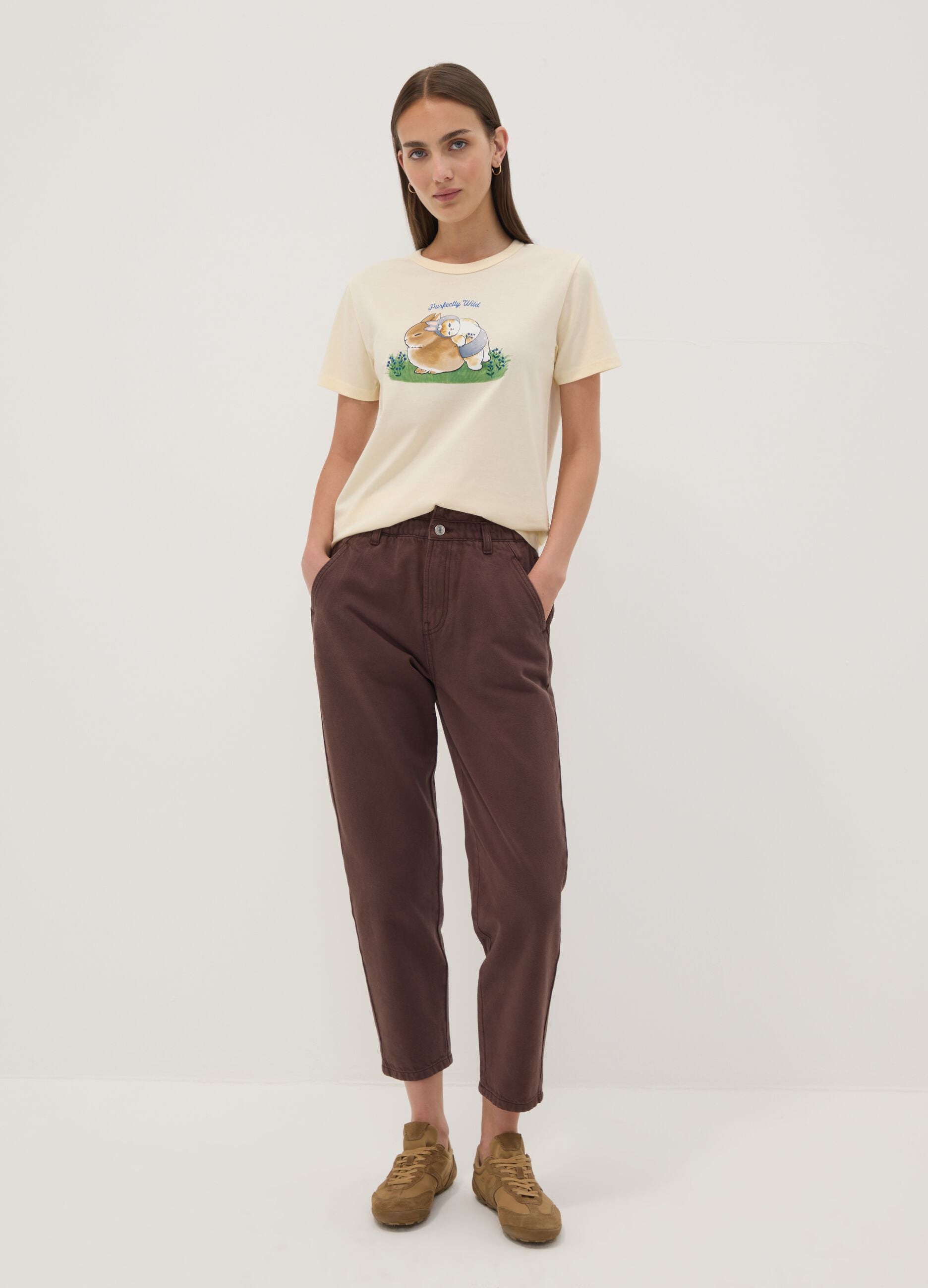 Beige pure cotton regular-fit T-shirt with cute animal print
