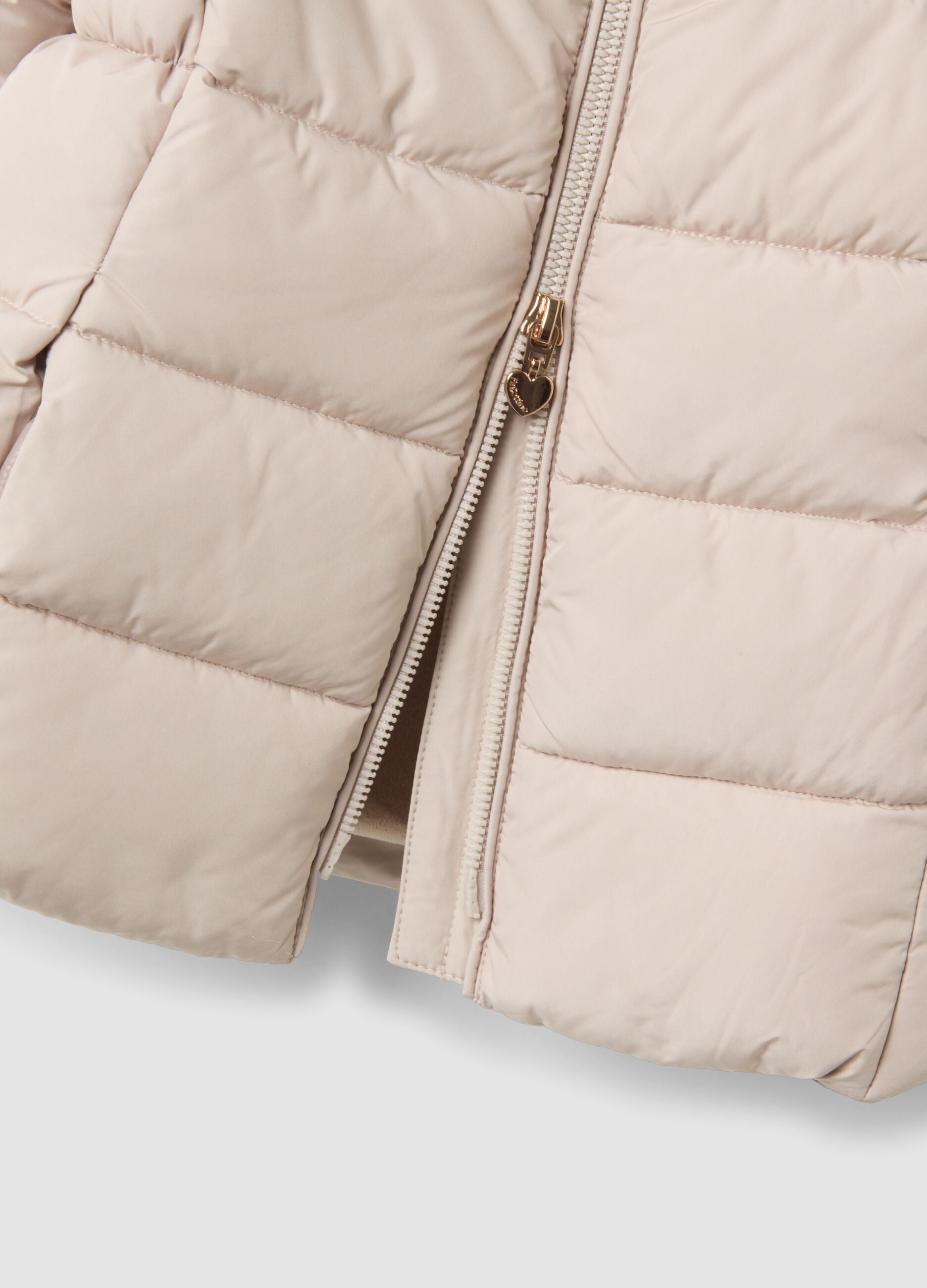 Taupe padded hooded jacket with contrast trim