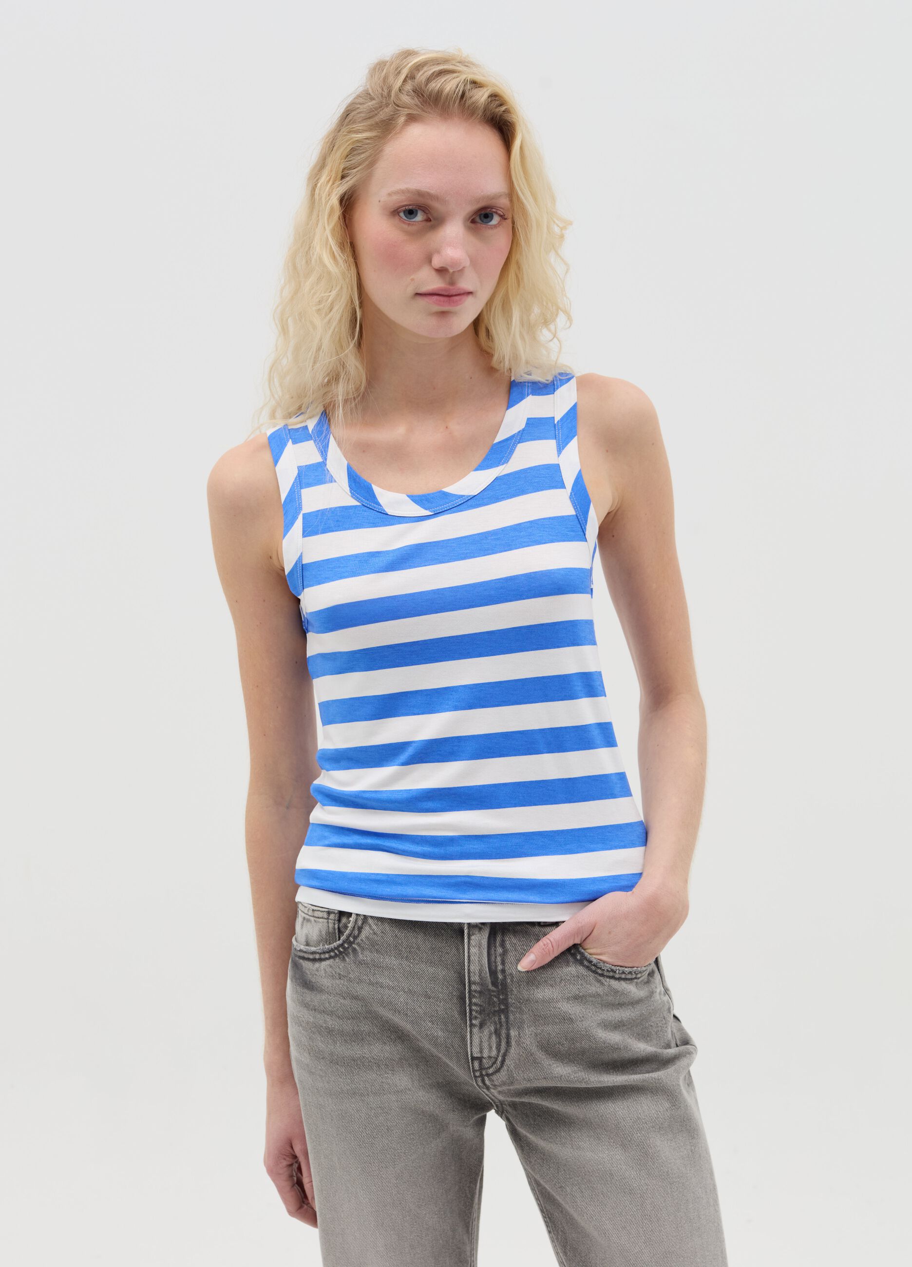 Blue and white striped tank top in stretch viscose