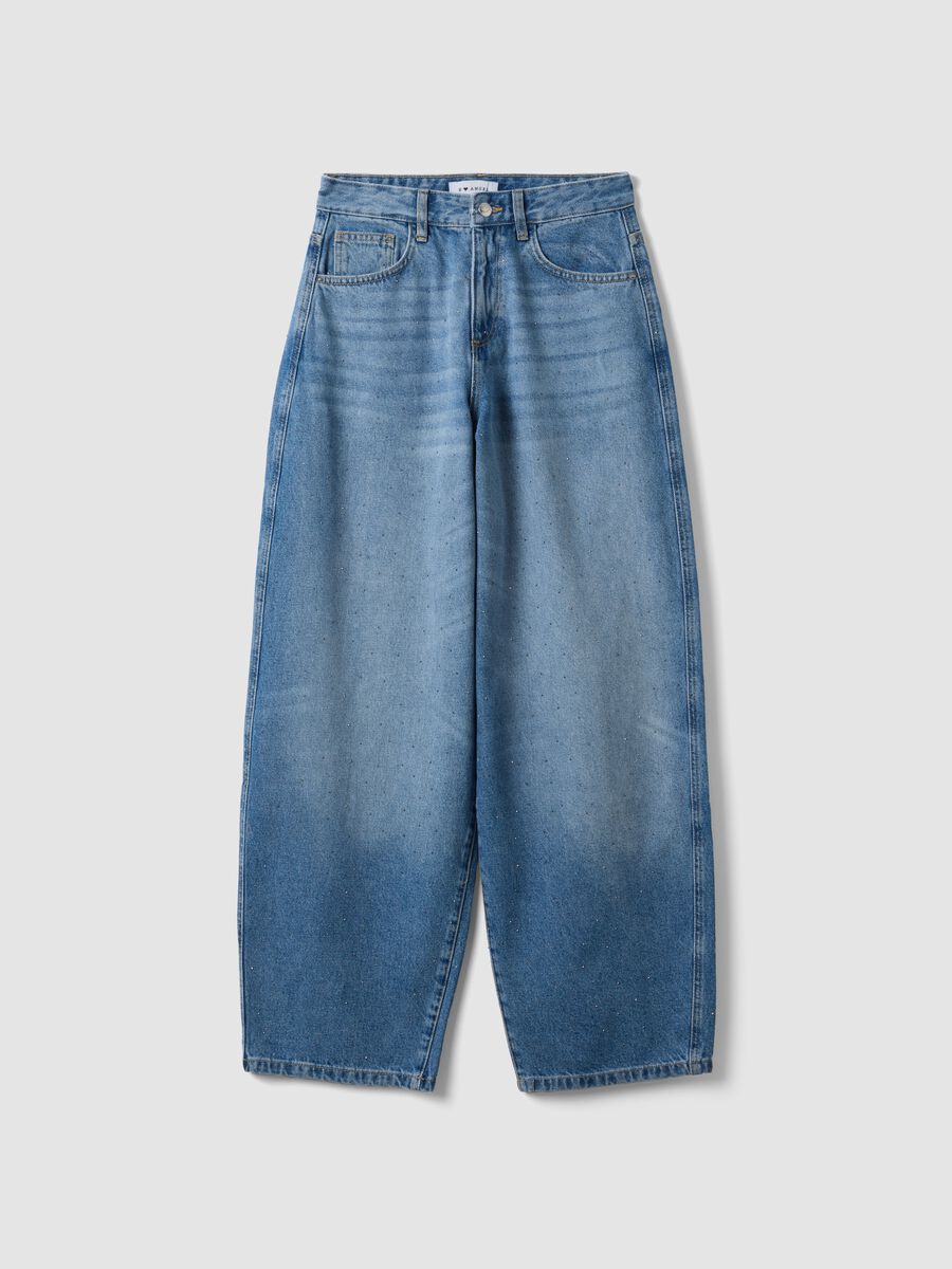 Jeans blu in puro cotone skater fit con strass_0