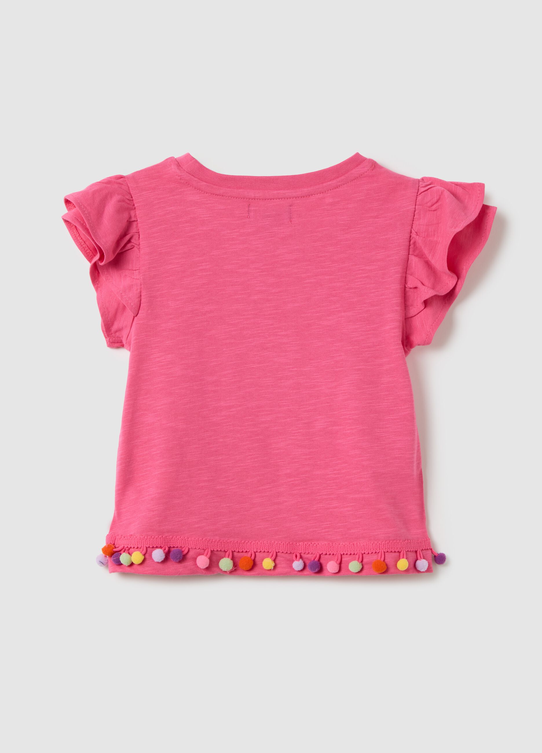 T-shirt da bambina in puro cotone rosa con maniche a balza