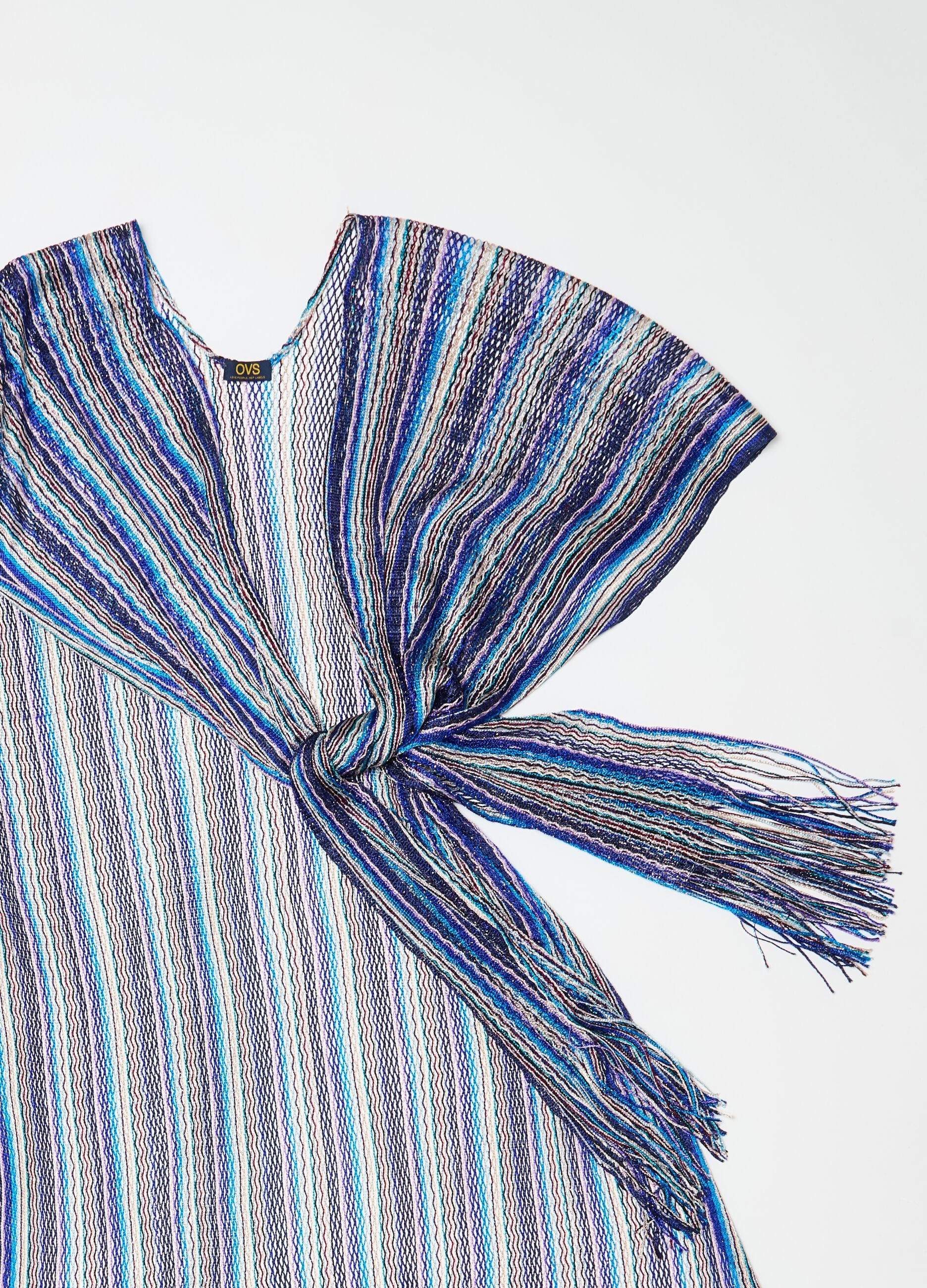 Beach cover-up cape with stripes and fringing