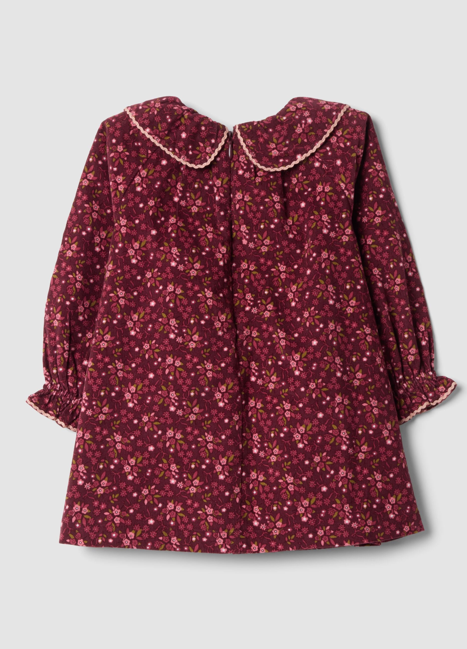 Burgundy red floral pure cotton crew-neck dress, regular fit