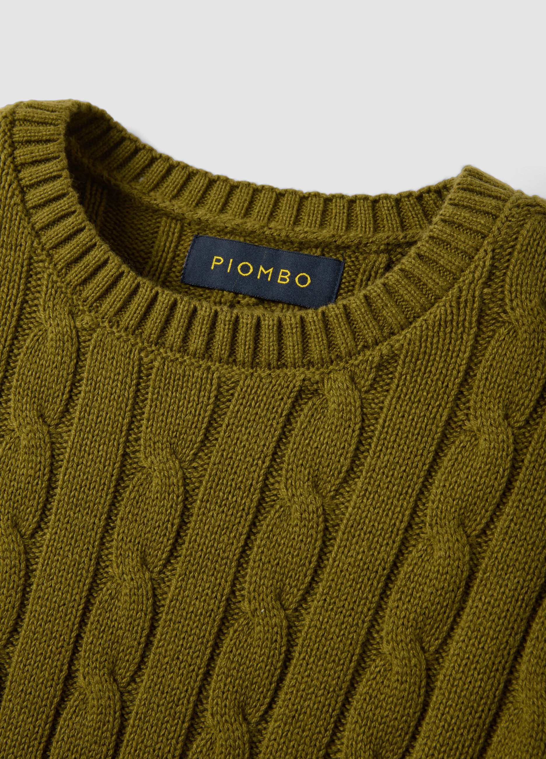 Green pure cotton cable-knit crew-neck jumper