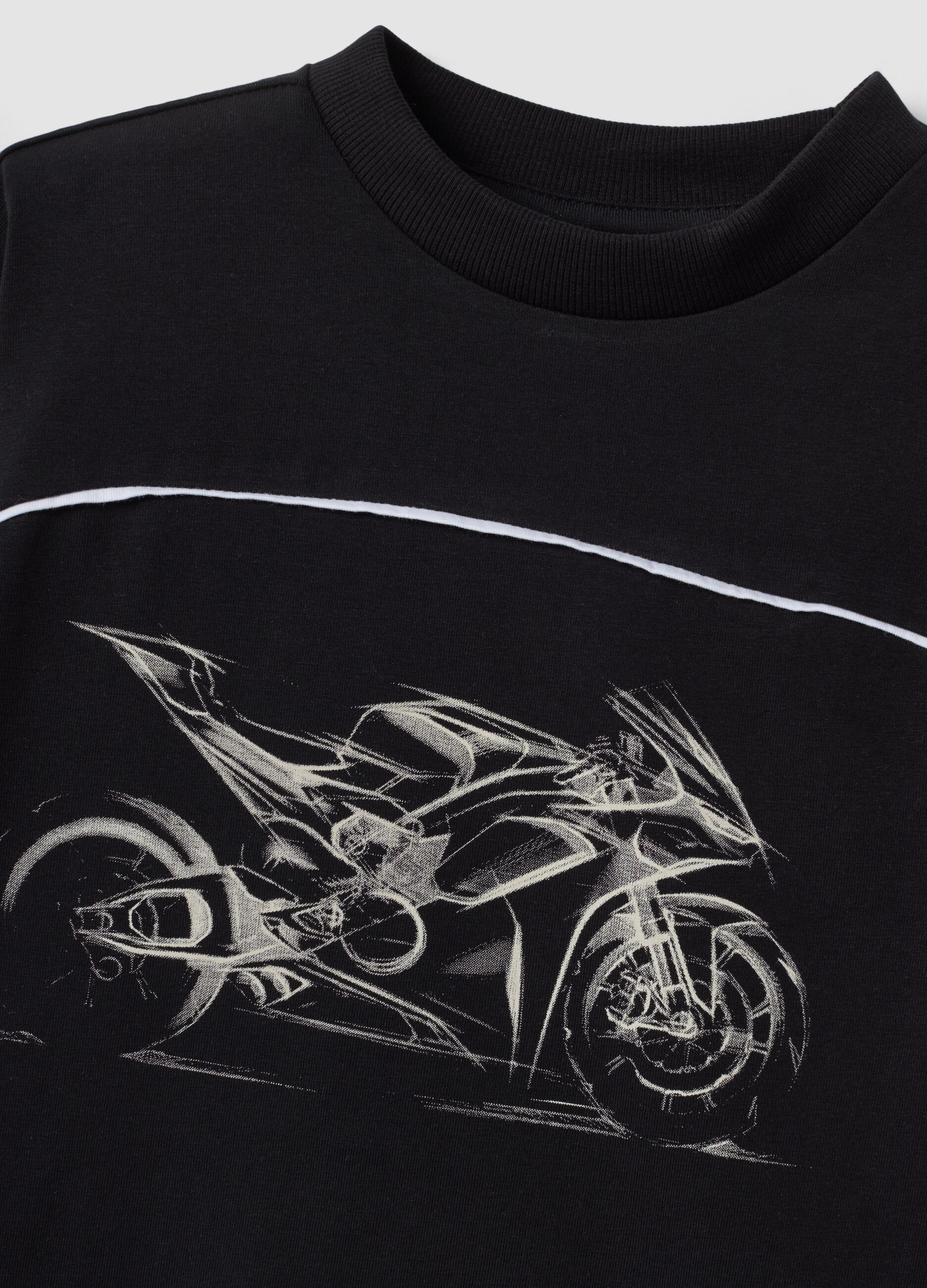Black short-sleeved stretch-cotton T-shirt with motorbike print
