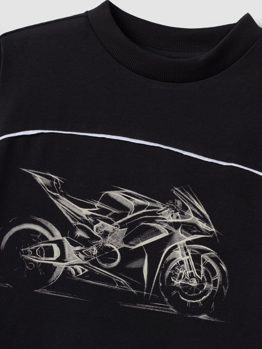 Black short-sleeved stretch-cotton T-shirt with motorbike print_2