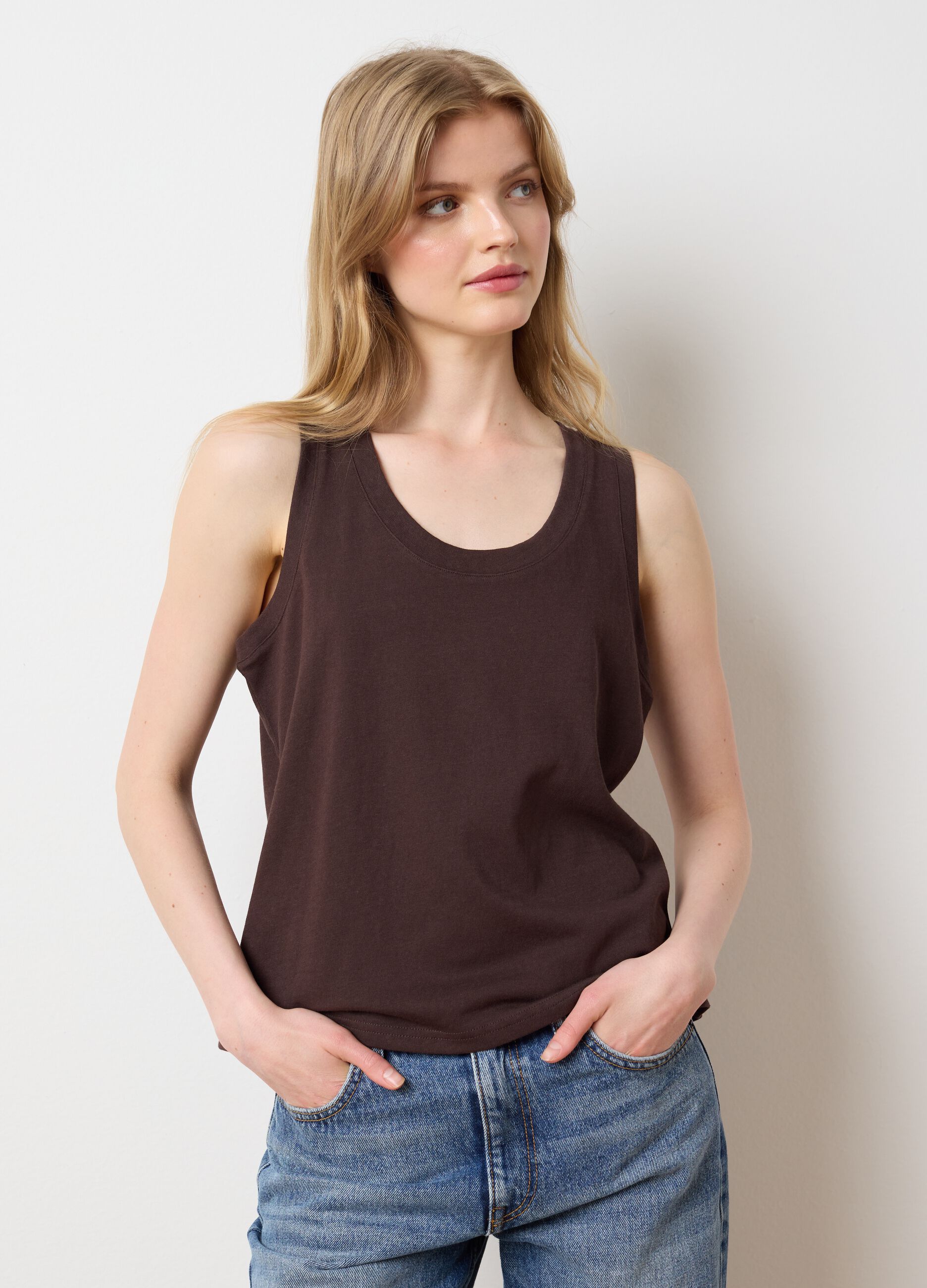 Brown Cotton Blend Tank Top