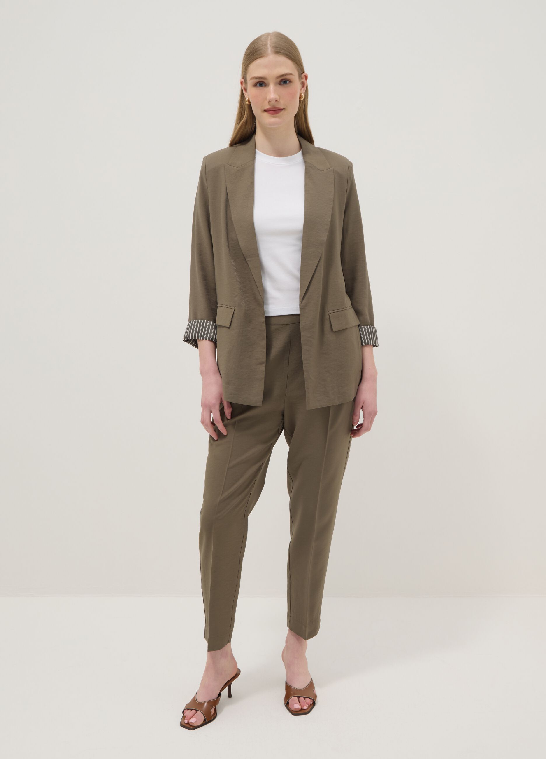 Green regular fit viscose blend blazer with striped cuffs