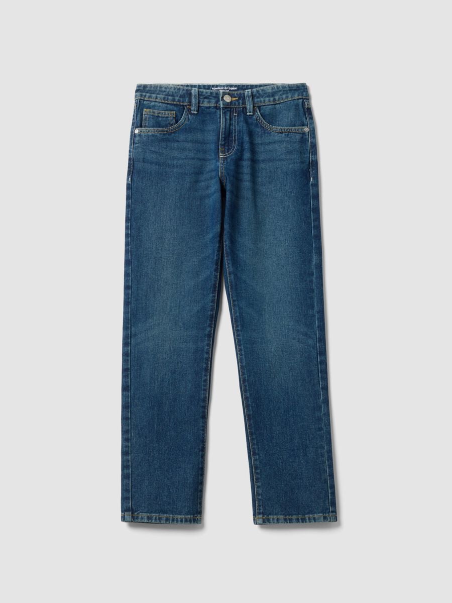 Jeans blu in puro cotone regular fit per ragazzo_0