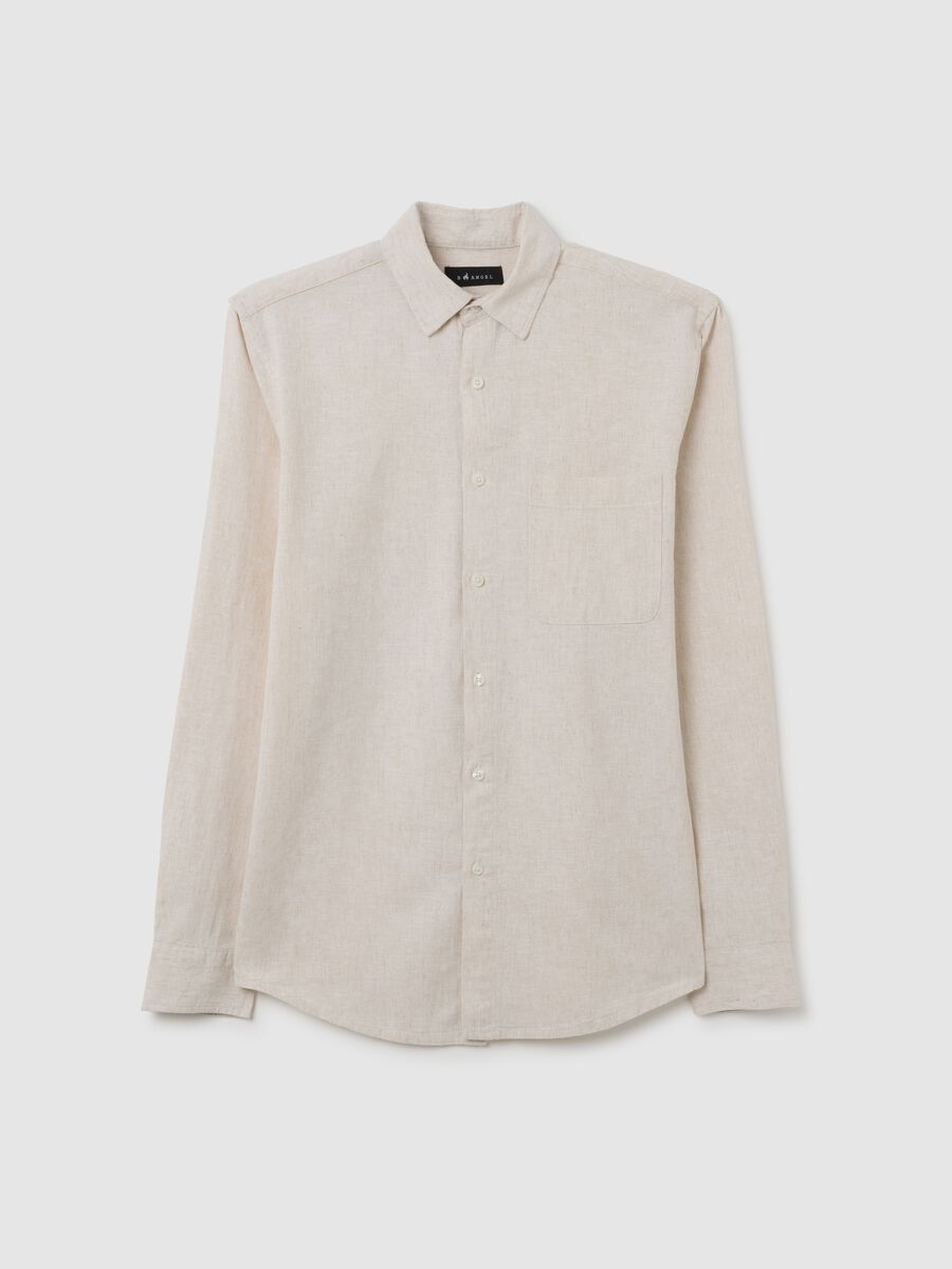 Men's beige linen regular fit shirt_0