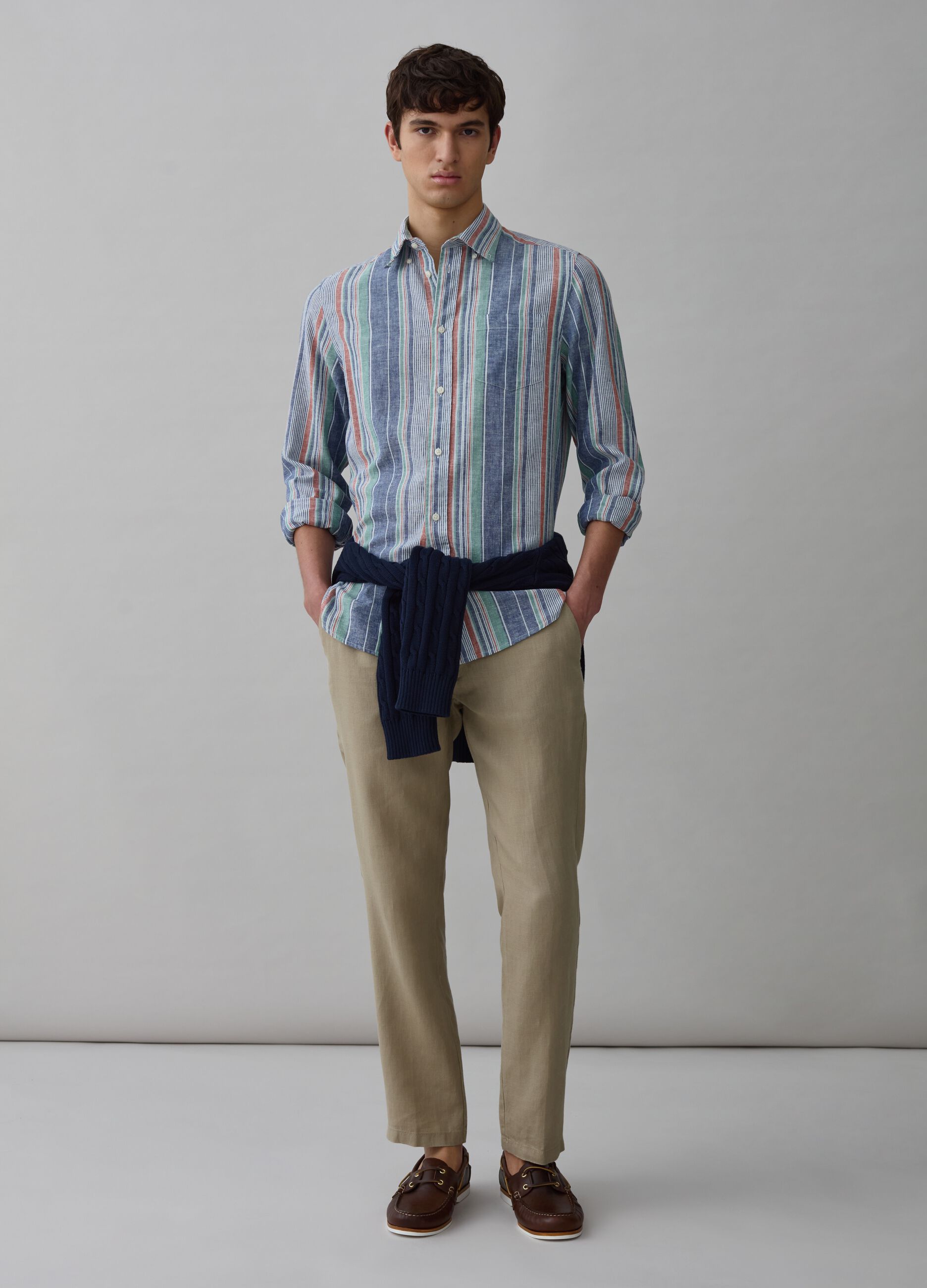 Camicia in lino e cotone a righe multicolor