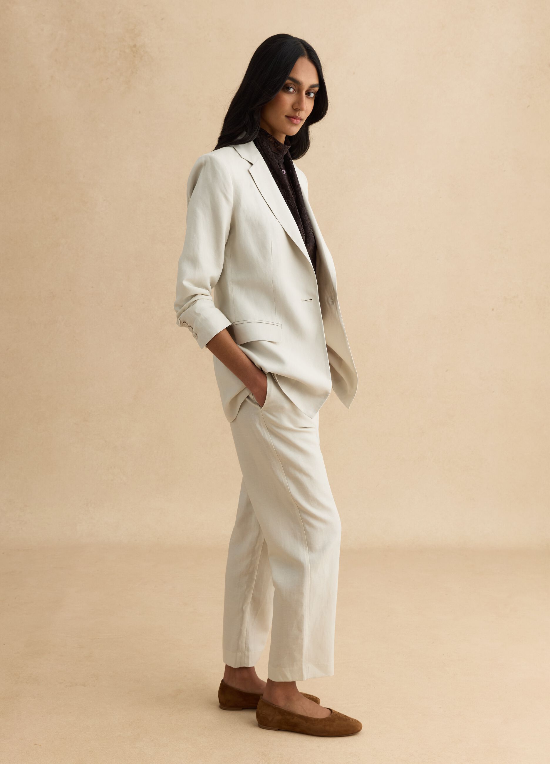 Blazer in misto lyocell e lino beige regular fit con bottoni