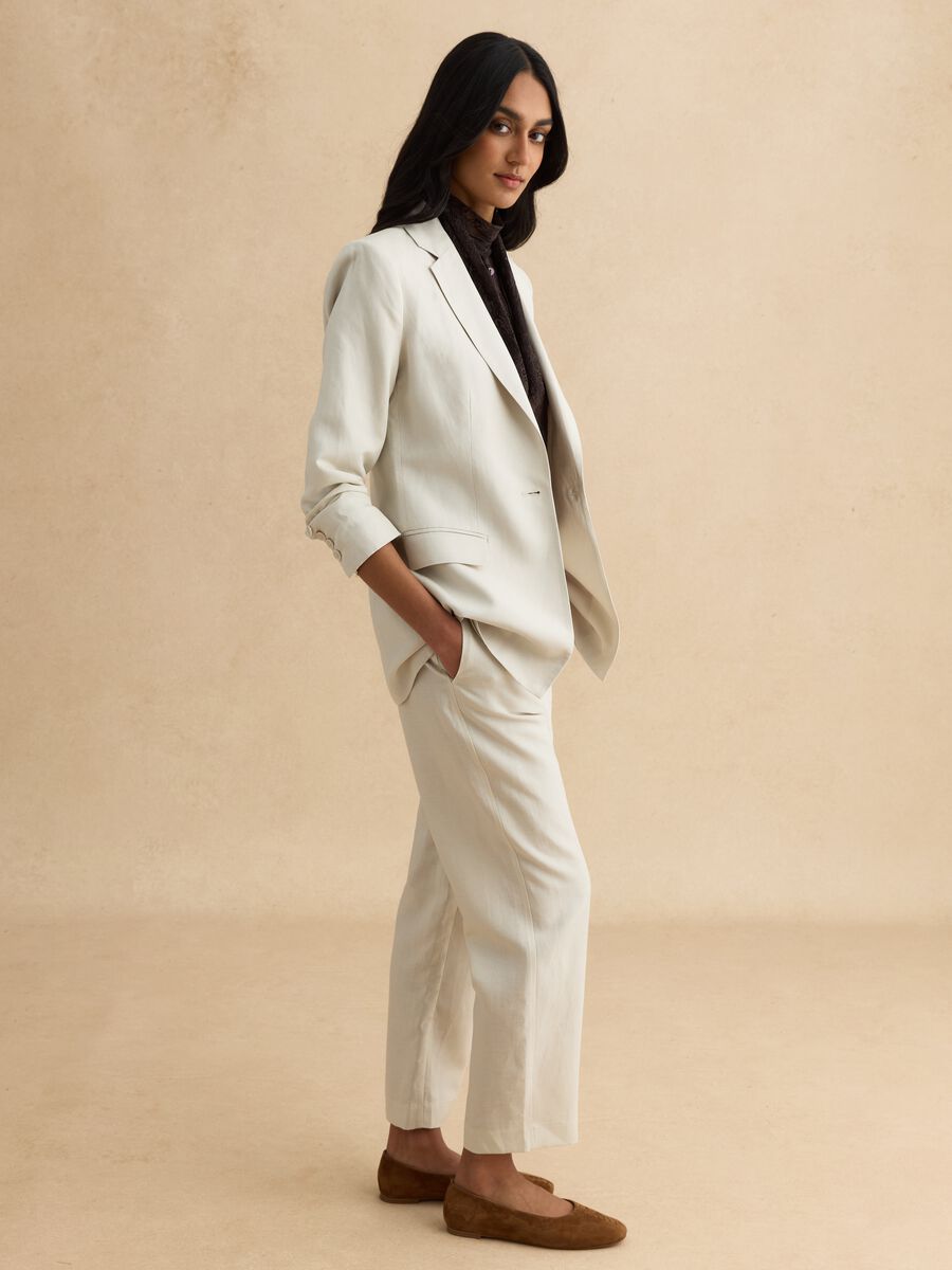 Blazer in misto lyocell e lino beige regular fit con bottoni_1