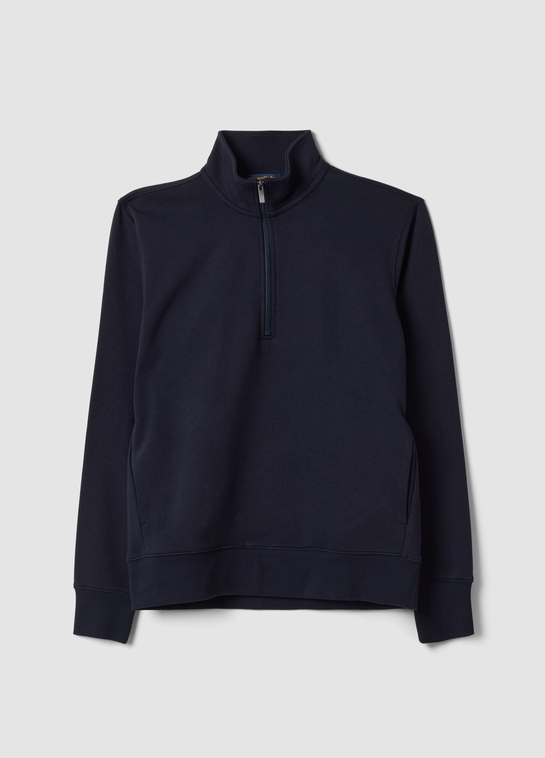 Blue cotton-blend half-zip sweatshirt with crew neck