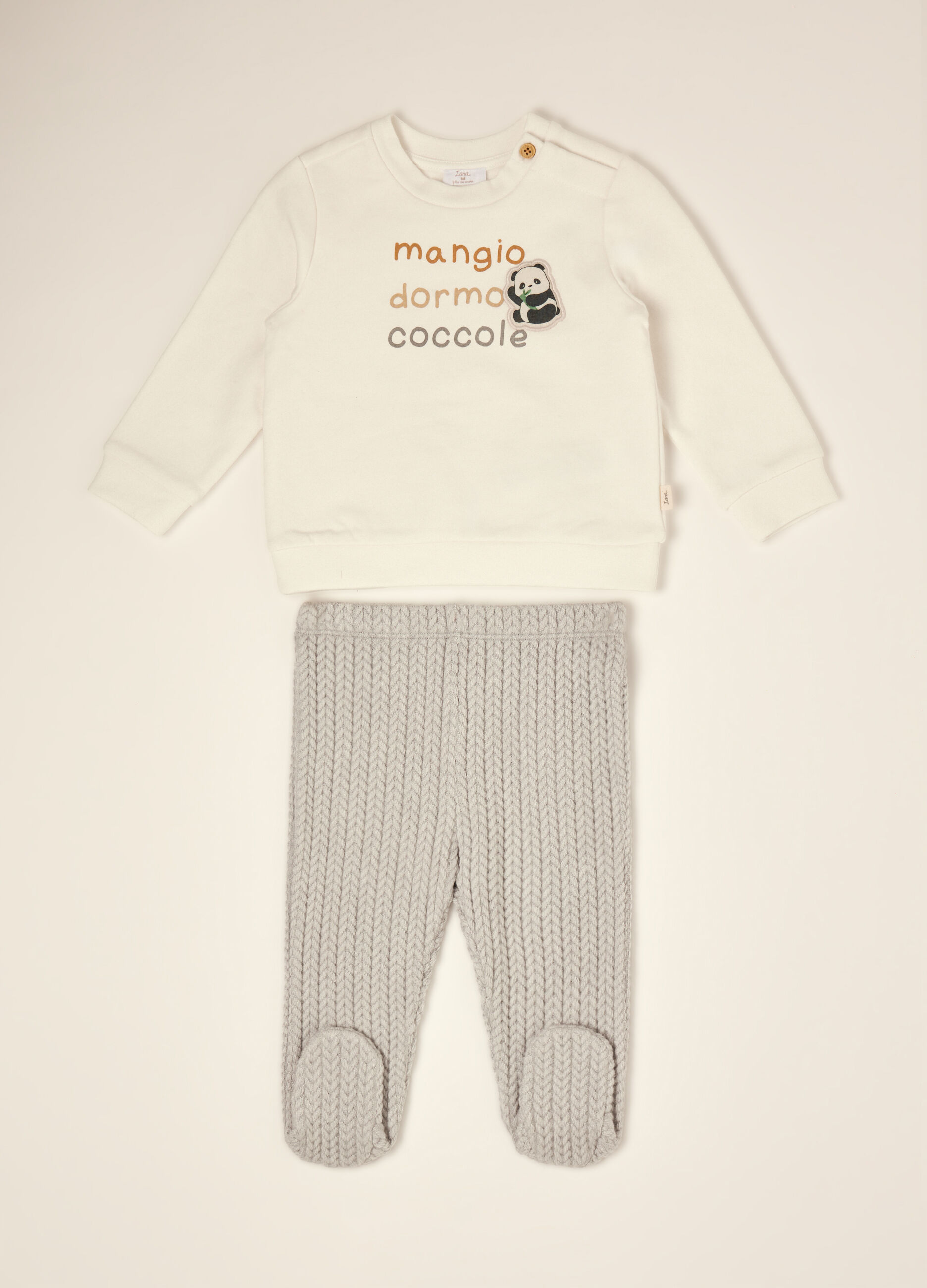 White stretch cotton baby set with footed leggings and panda print
