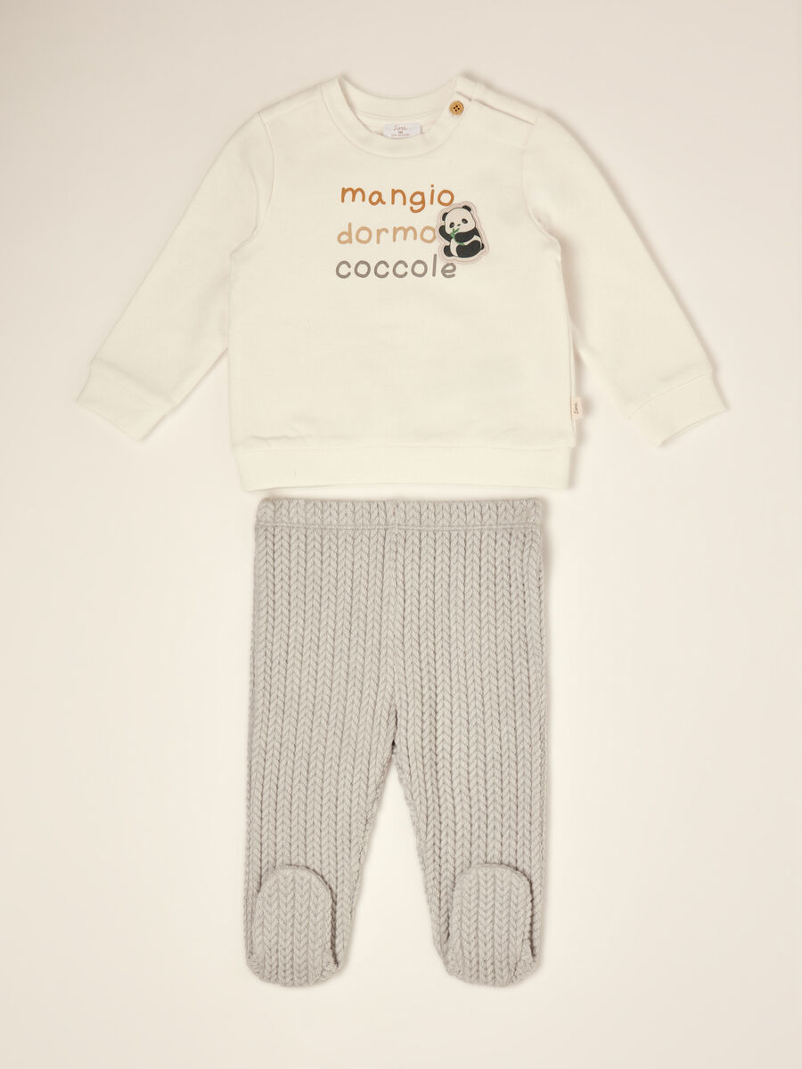 Completo bianco in cotone elasticizzato con ghettine e stampa panda_0