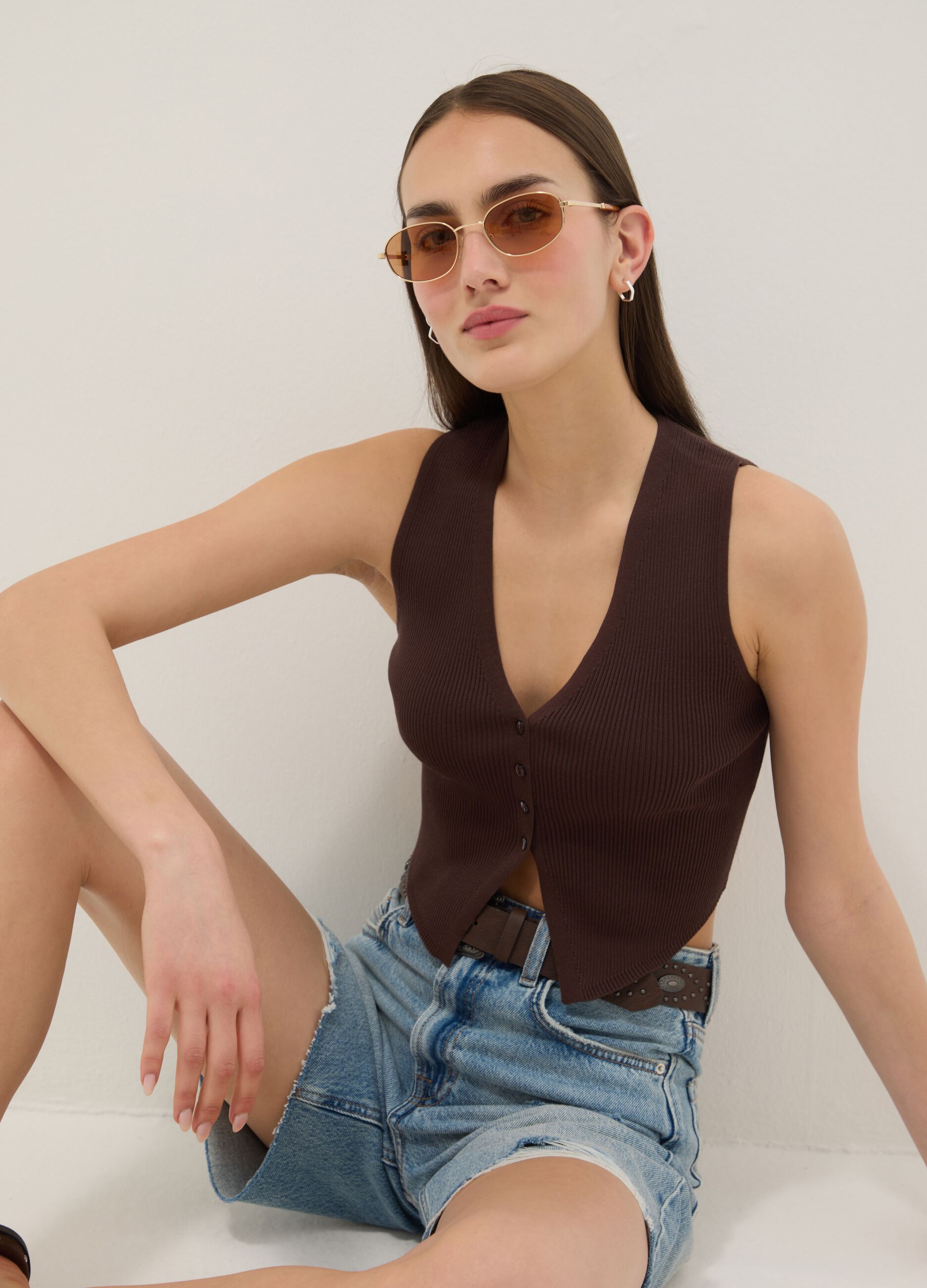 Gilet in misto viscosa marrone regular fit deep V