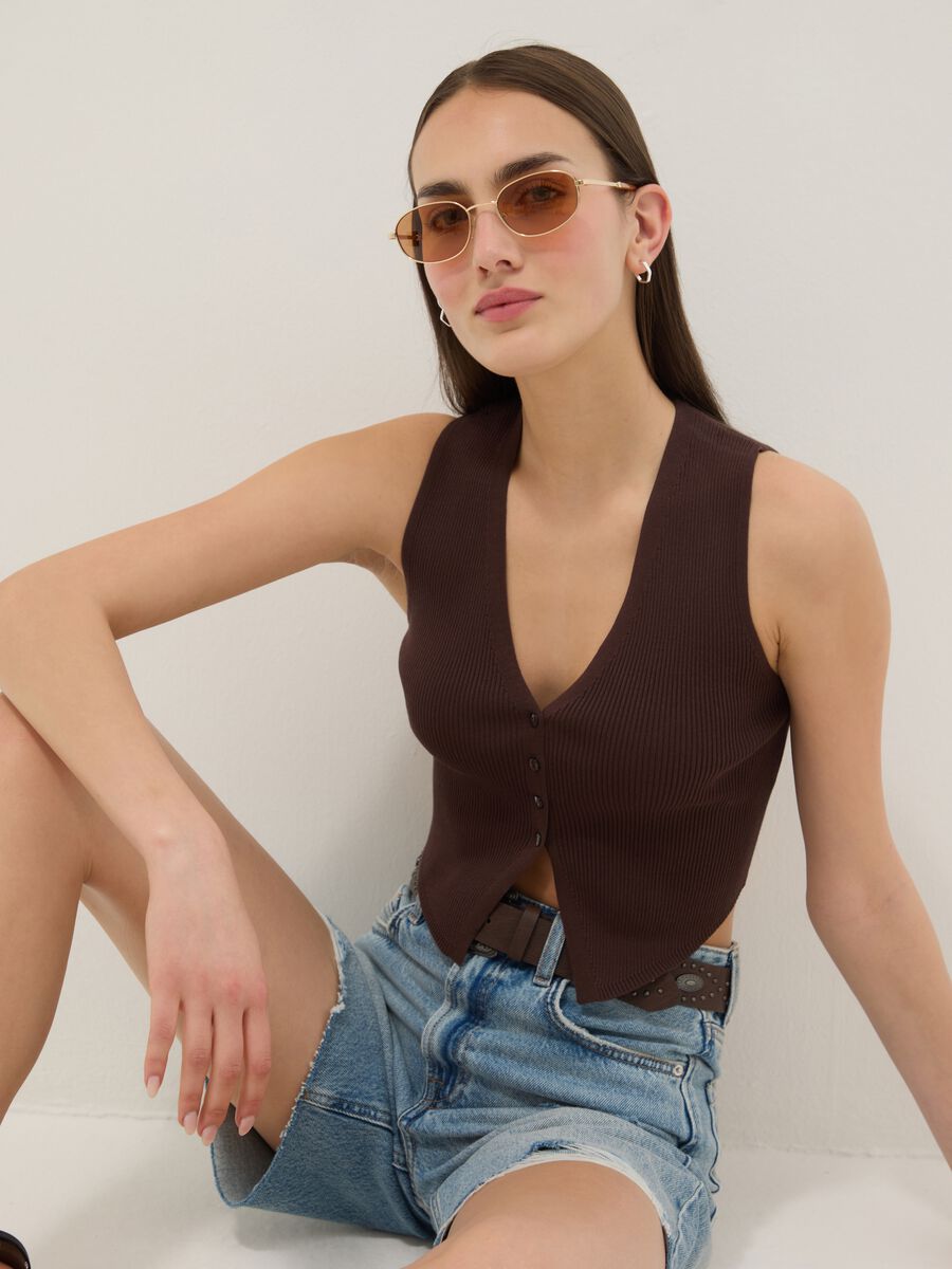 Gilet in misto viscosa marrone regular fit deep V_0
