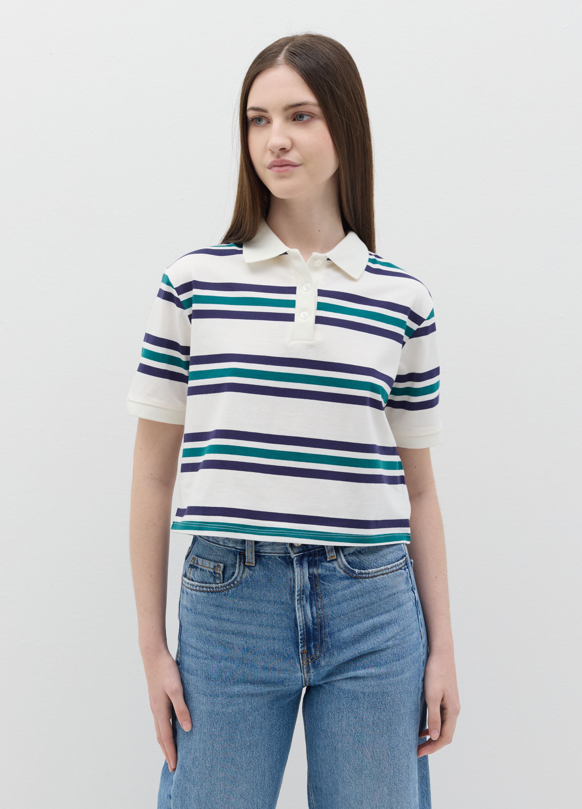 Green and white striped polo shirt