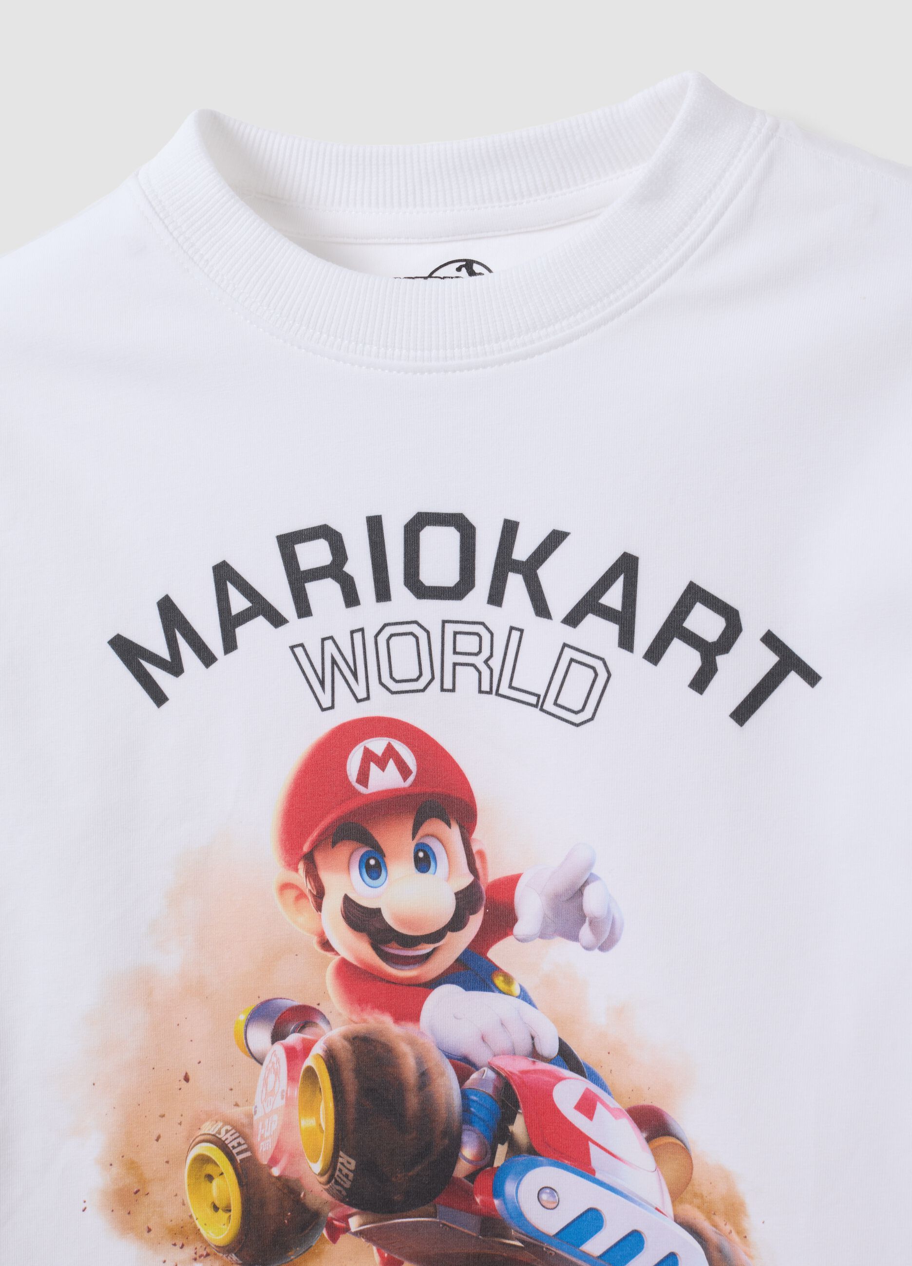 T-shirt bianca in cotone elasticizzato con stampa Mario Kart