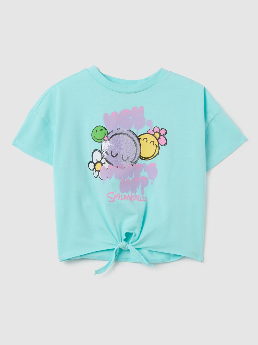 Girls' Stretch Cotton Blue T-shirt with Knot_0