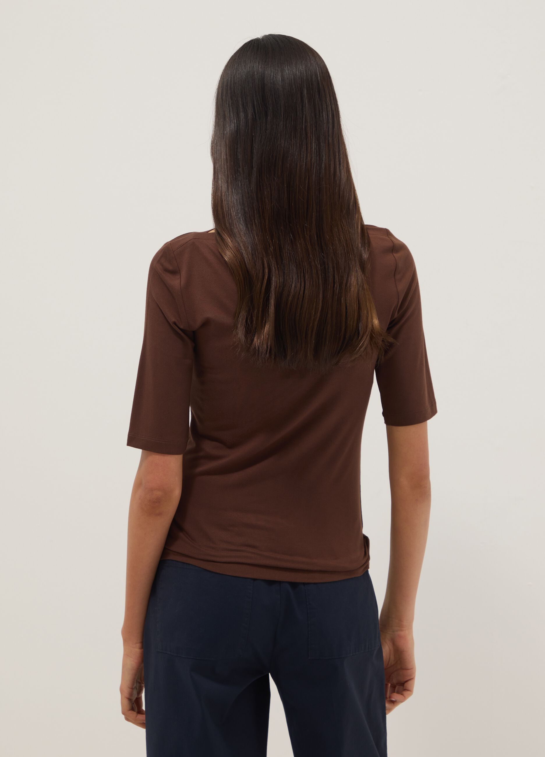 Brown stretch viscose t-shirt regular fit with boat neckline