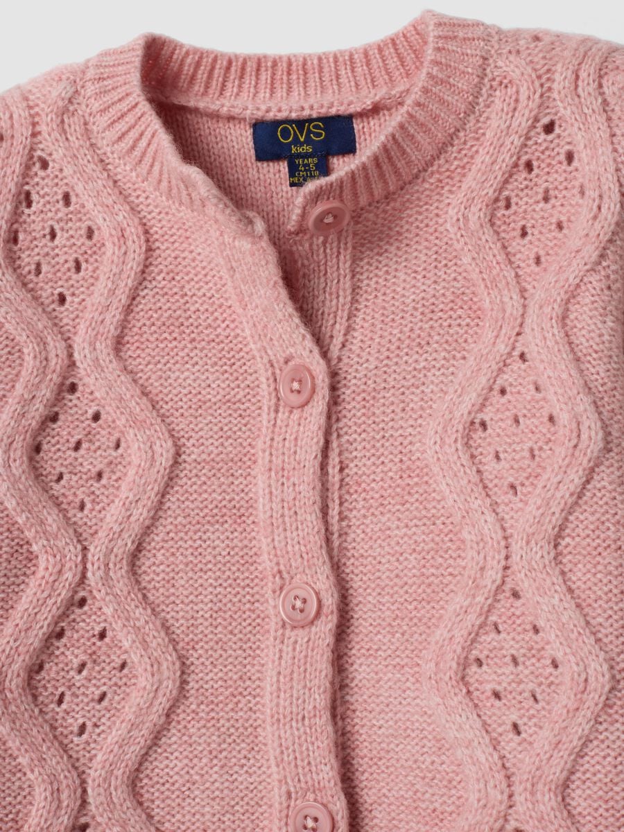 Pink crew-neck openwork knit cardigan_2