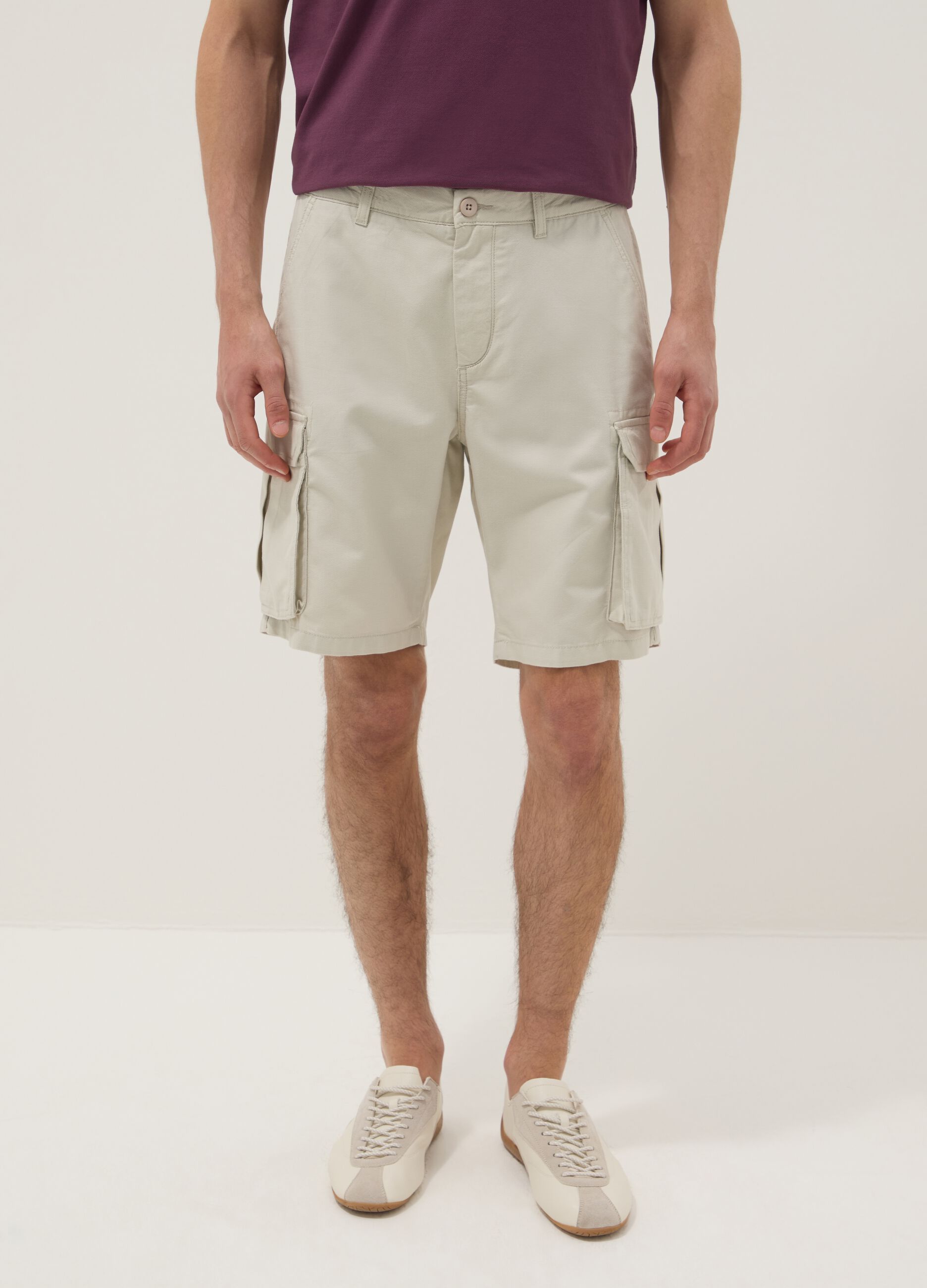 White pure cotton cargo Bermuda shorts, regular fit