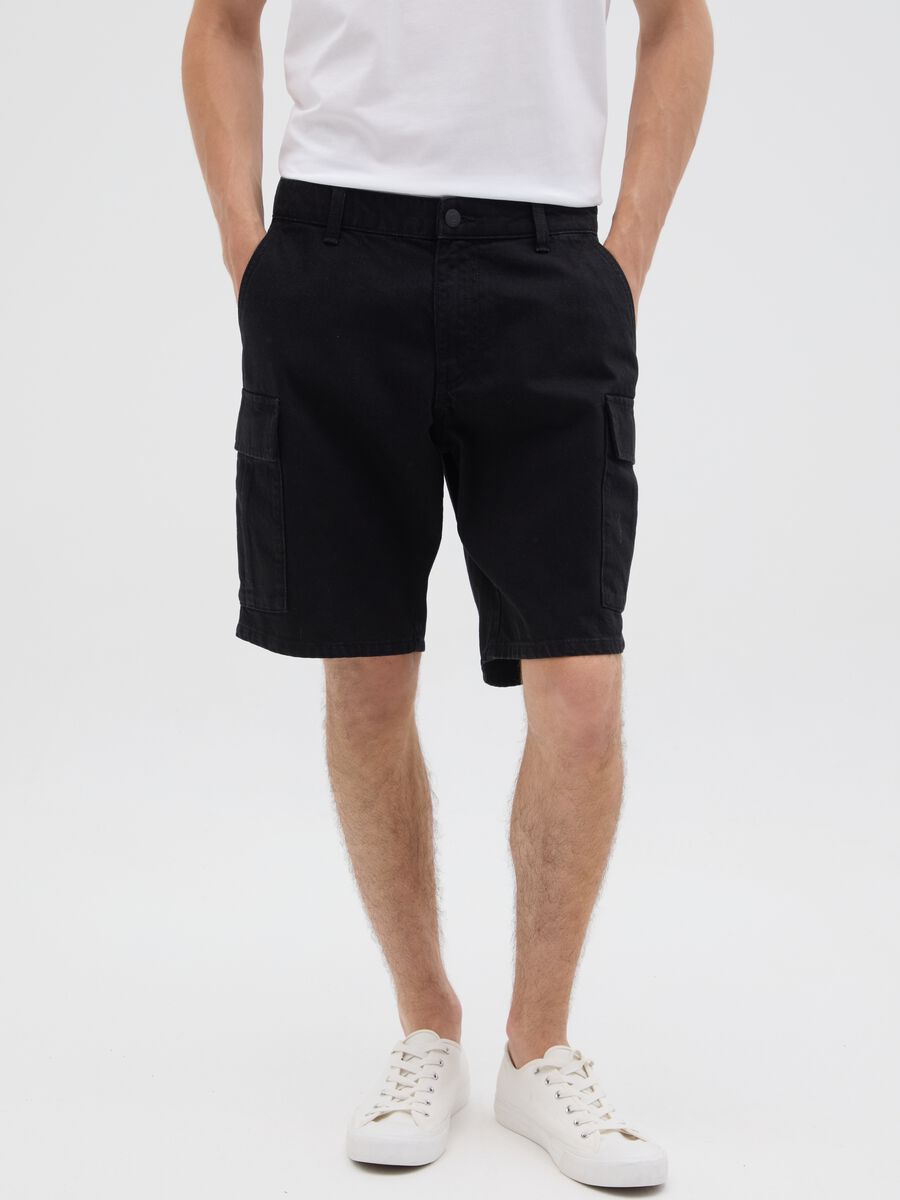 Men's black wide leg pure cotton bermuda shorts_1