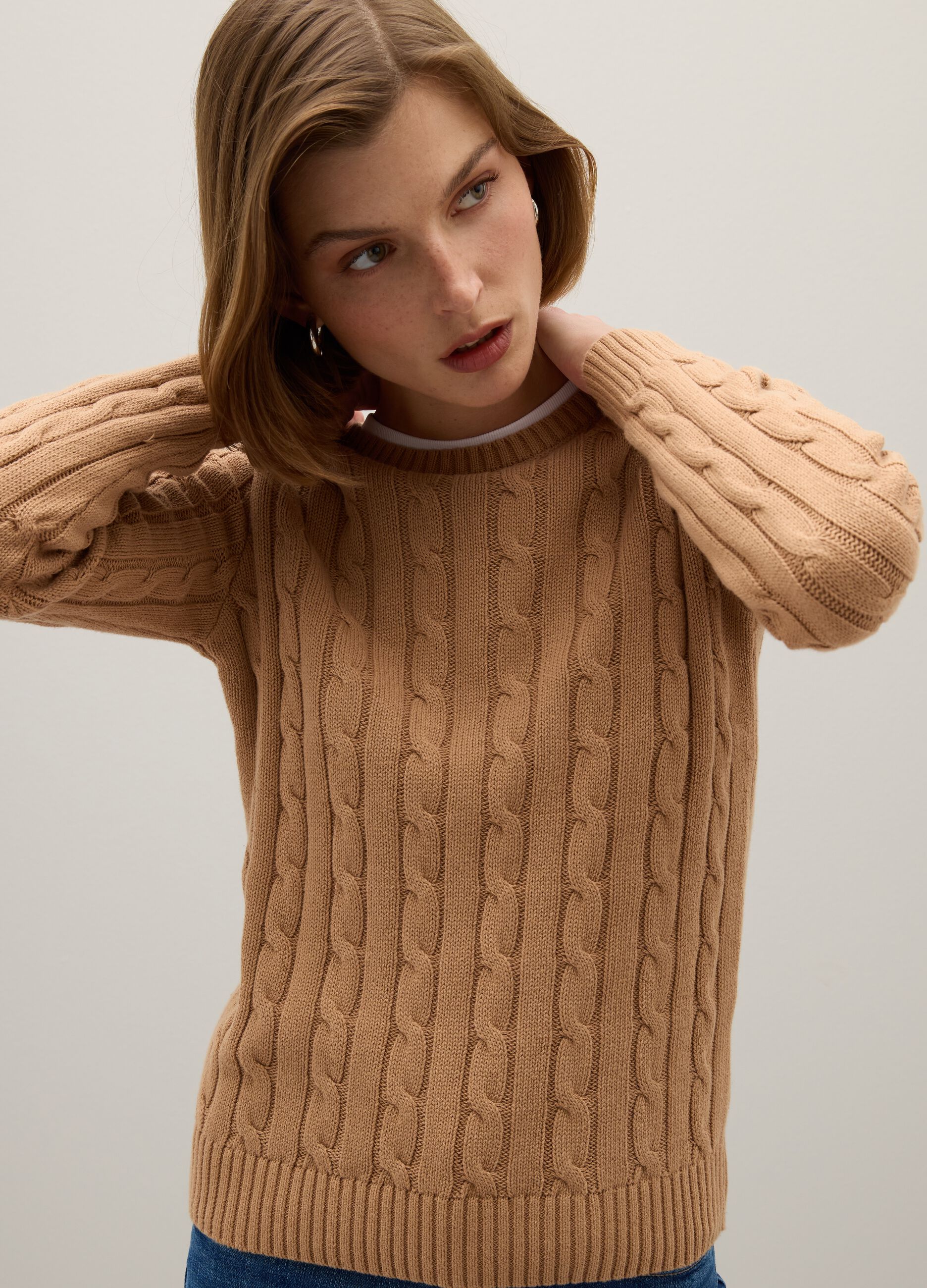 Beige pure cotton sweater, regular fit