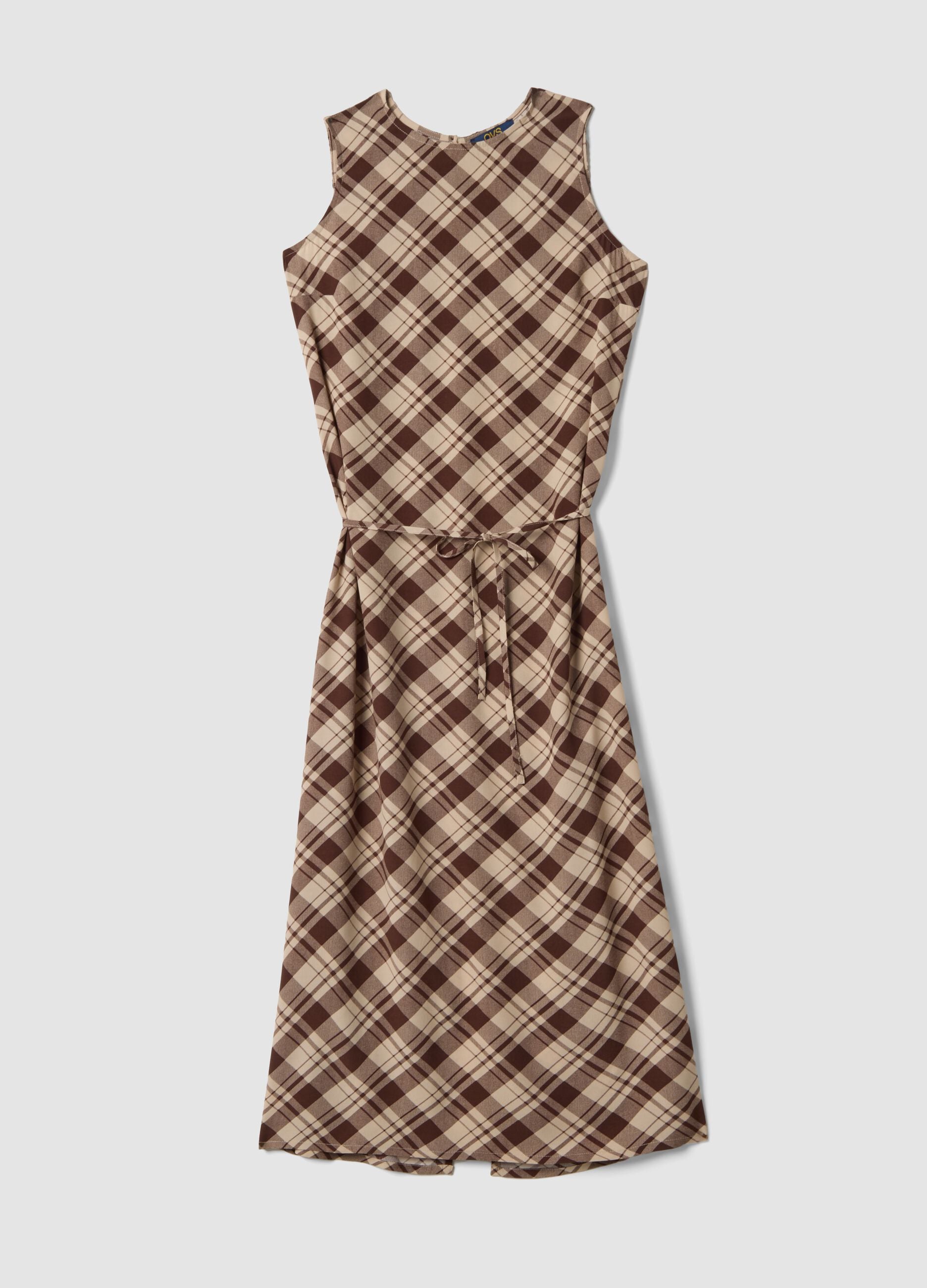 Abito midi marrone in pura viscosa a quadri regular fit