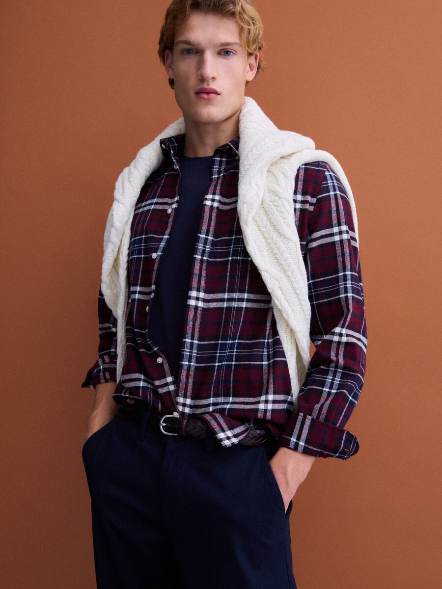 Camicia flanella rossa e blu a quadri in puro cotone regular fit_0