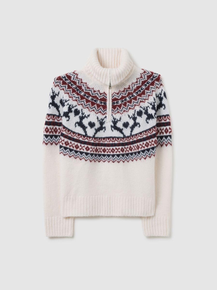 White jumper with multicolour jacquard pattern and zipper_5