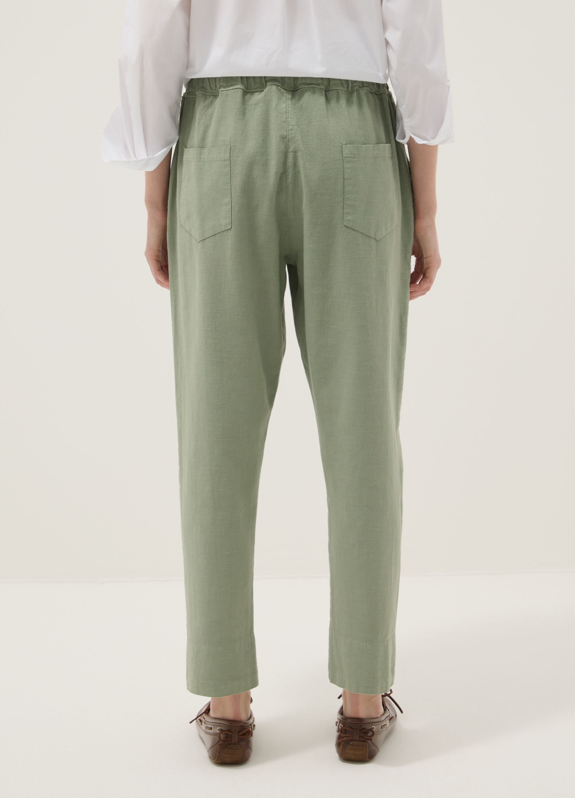 Green linen-cotton blend trousers with elasticated waist