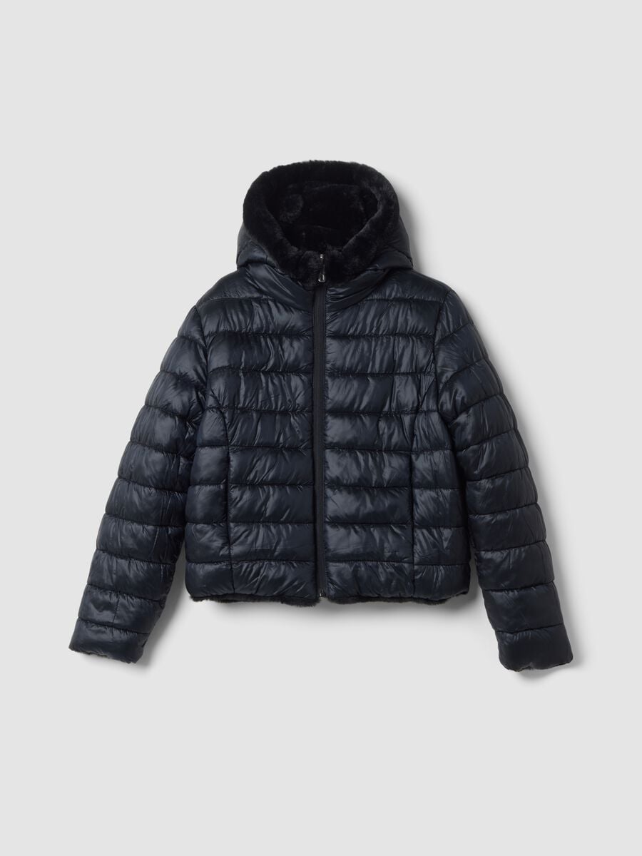 Black reversible padded jacket with hood and zip_3