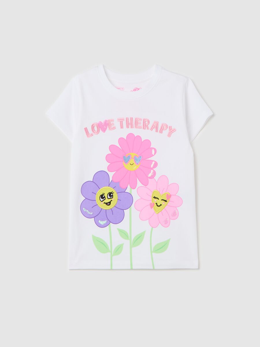 T-shirt with flowers print and lettering embroidery_0